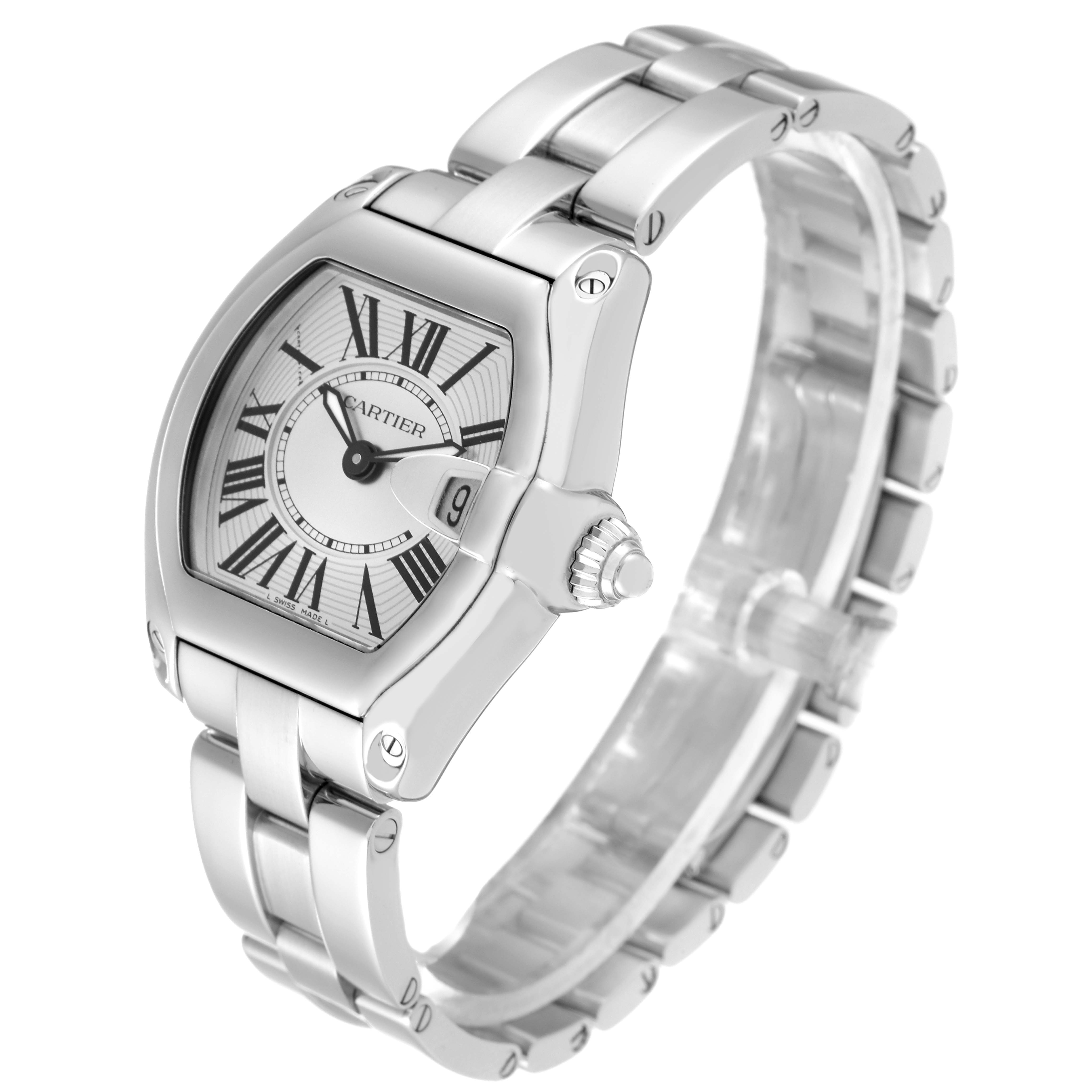 The image shows an angled view of the Cartier Roadster W62016V3 Women's Stainless Steel Silver Dial W62016V3 Women's Stainless Steel Silver Dial watch, highlighting the face, dial, and stainless steel bracelet.