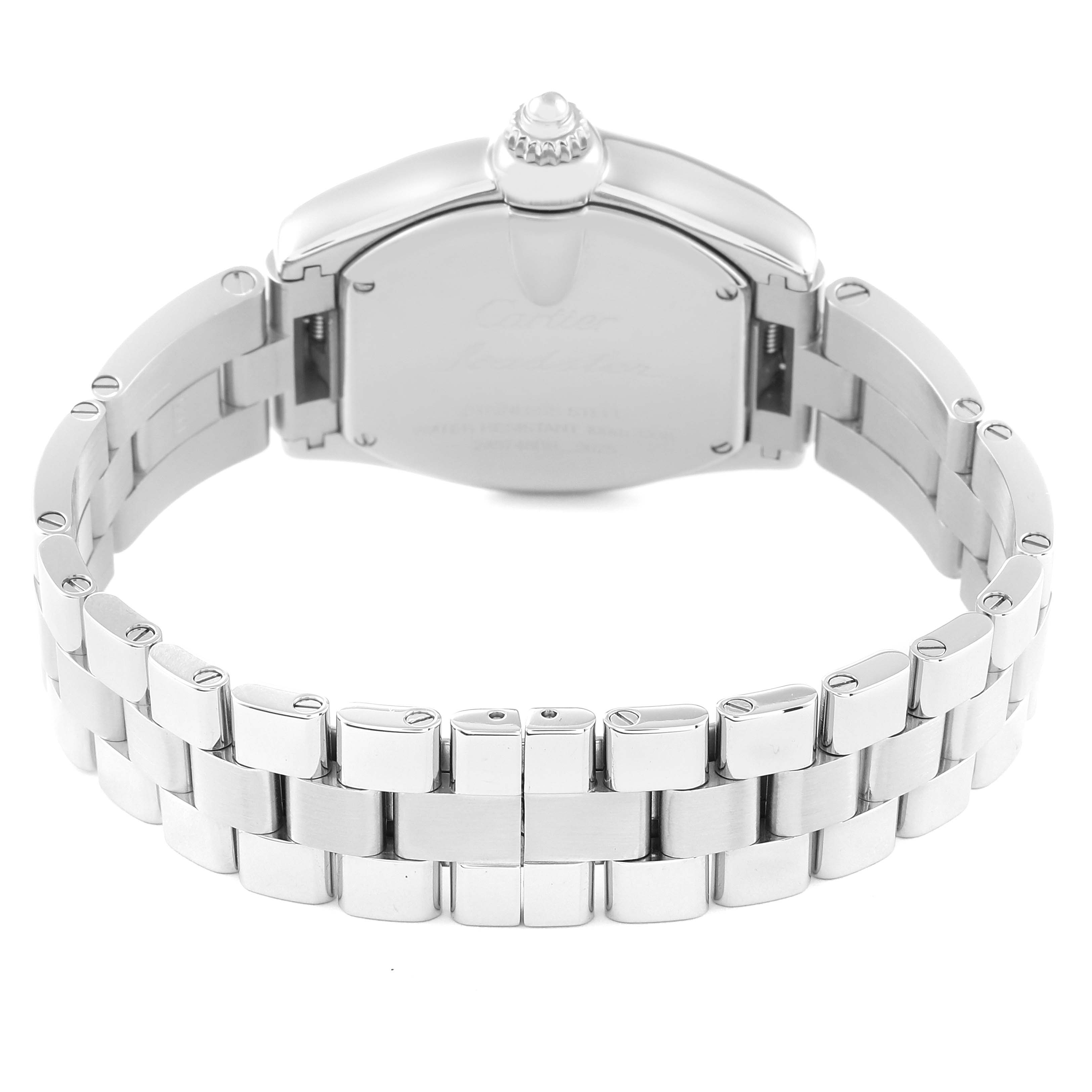 This image shows the back view of the Cartier Roadster W62016V3 Women's Stainless Steel Silver Dial W62016V3 Women's Stainless Steel Silver Dial watch, including the bracelet and case back.