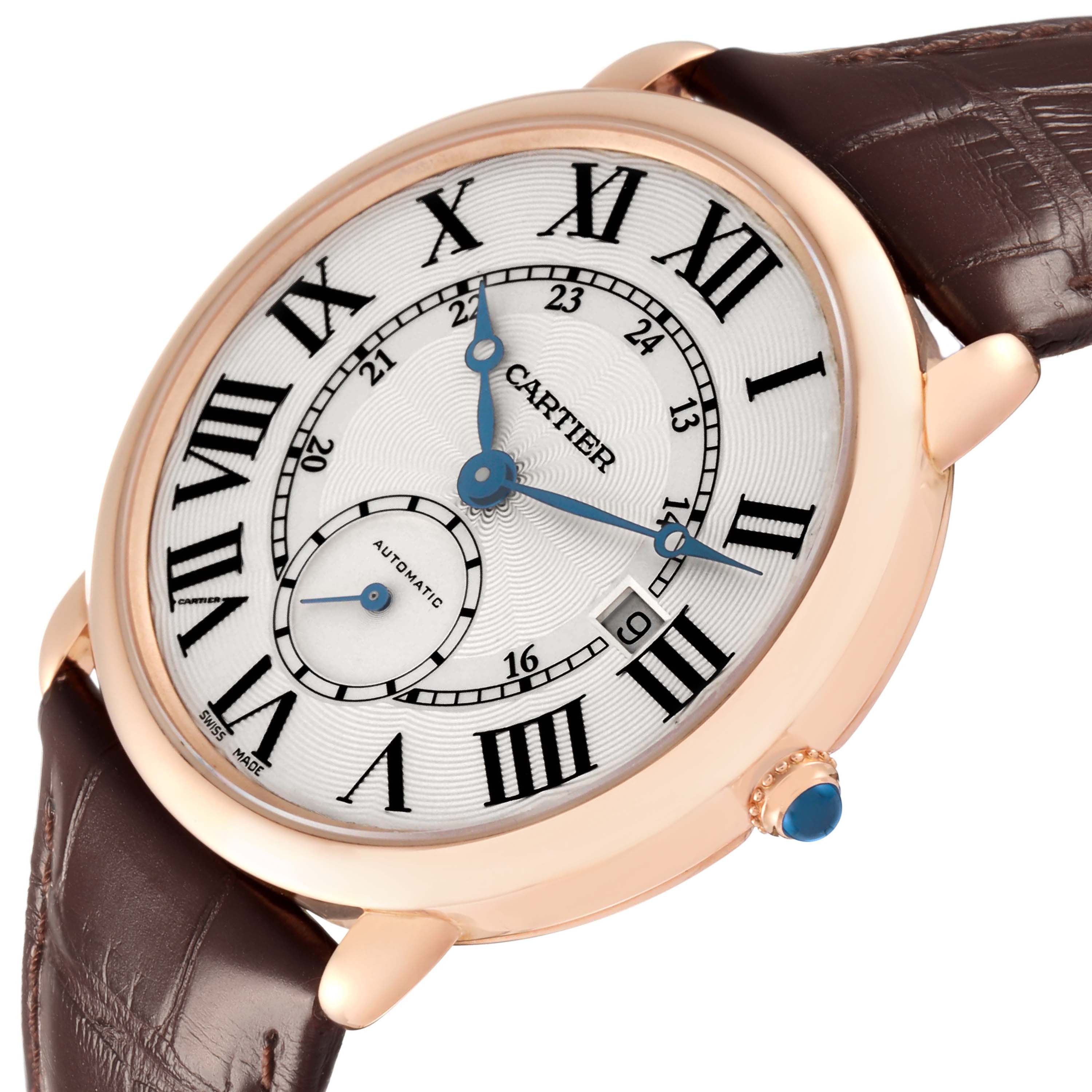 The Cartier Ronde W6801005 Men's Rose Gold Silver Dial watch is shown at a slight angle, highlighting the dial with Roman numerals, blue hands, and a date feature.