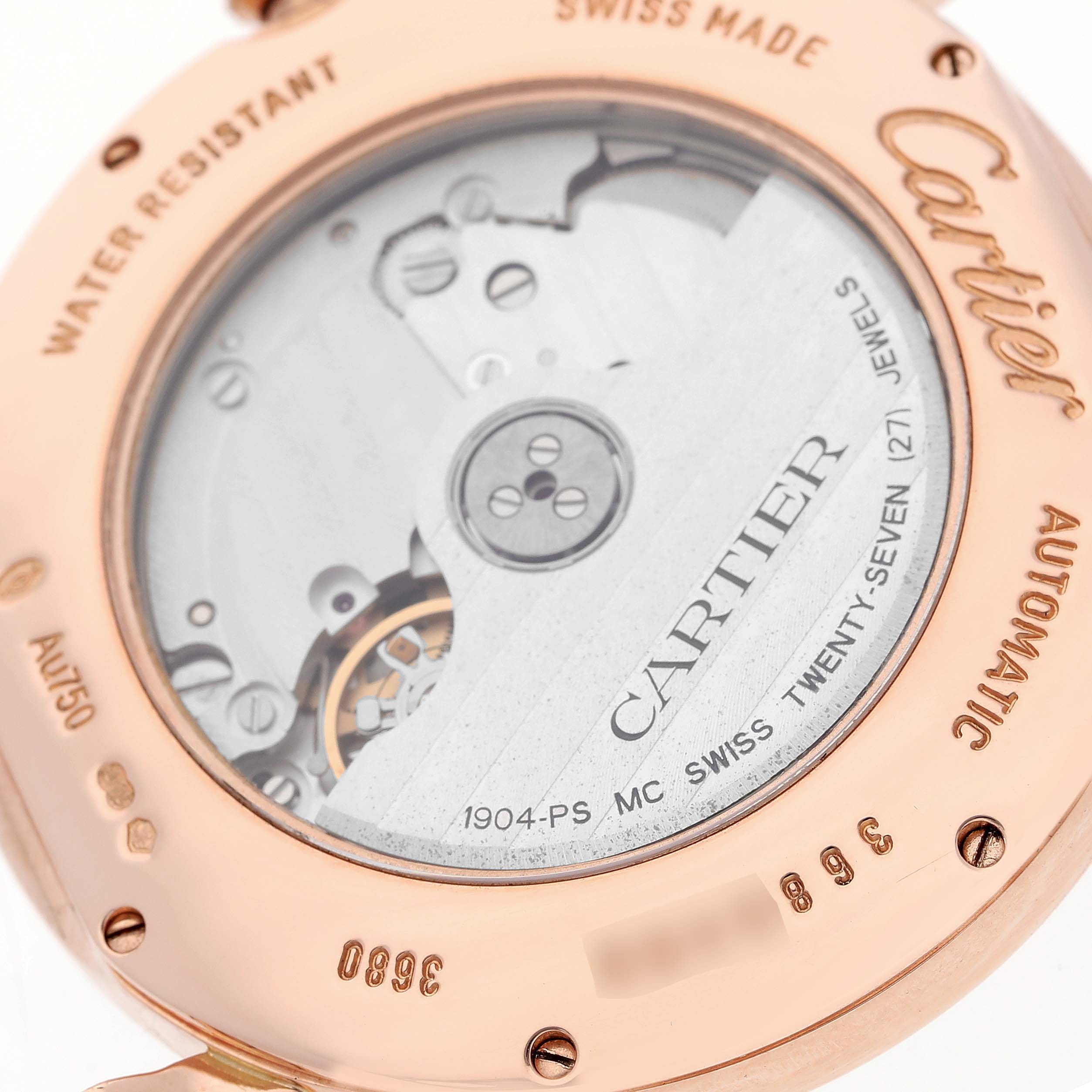 The image shows the back of a Cartier Ronde W6801005 Men
s Rose Gold Silver Dial W6801005 Men
s Rose Gold Silver Dial model watch, highlighting its automatic movement and inner mechanism.