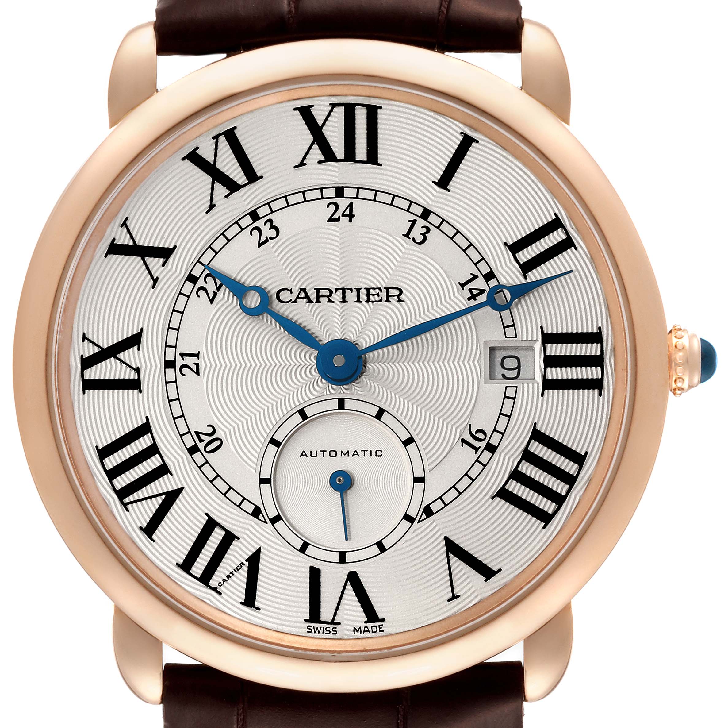 This image shows a frontal view of the Cartier Ronde W6801005 Men
s Rose Gold Silver Dial W6801005 Men
s Rose Gold Silver Dial watch, highlighting the dial with Roman numerals, blue hands, and date window.