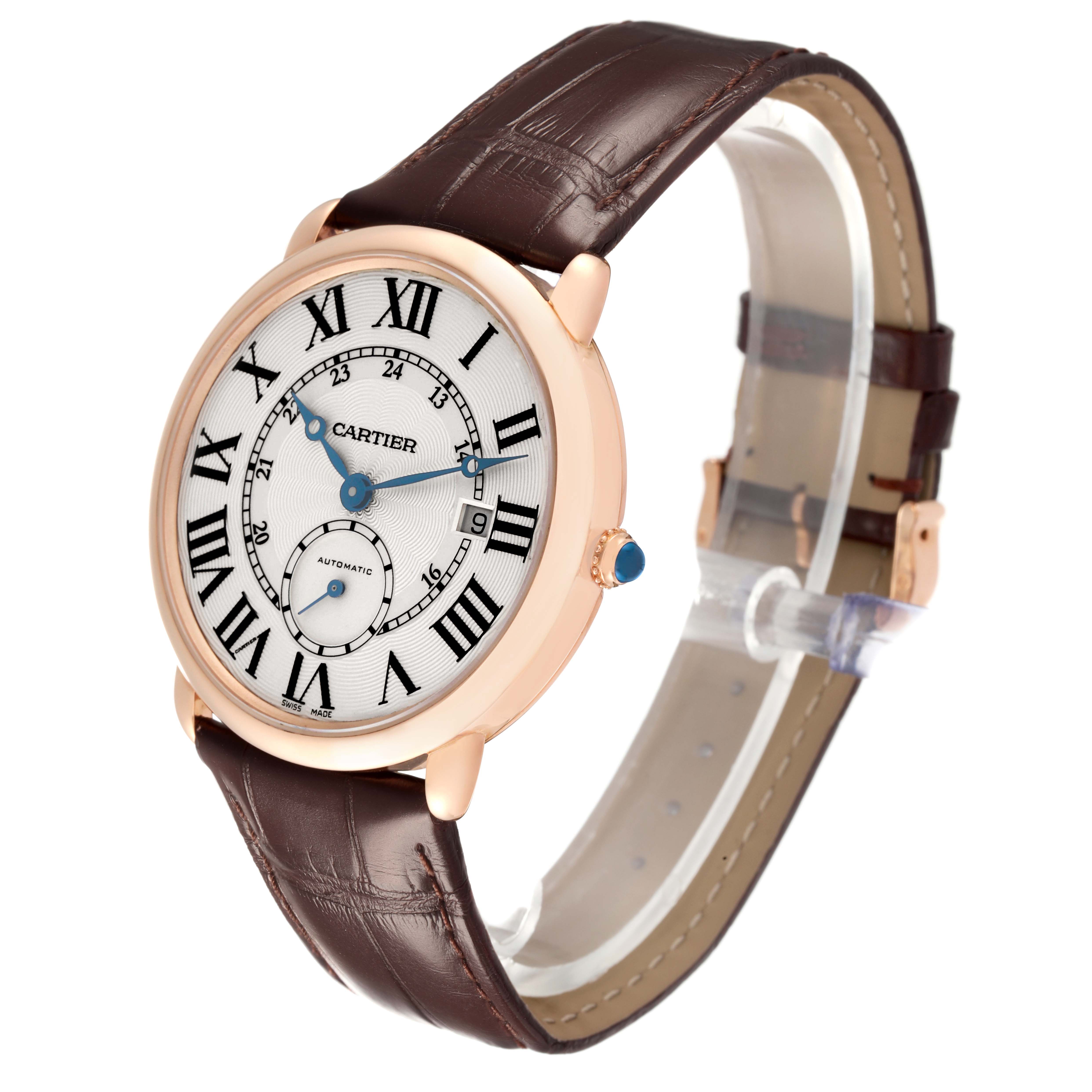 The Cartier Ronde W6801005 Men's Rose Gold Silver Dial watch is shown at an angled side view, highlighting the face, bezel, and strap.