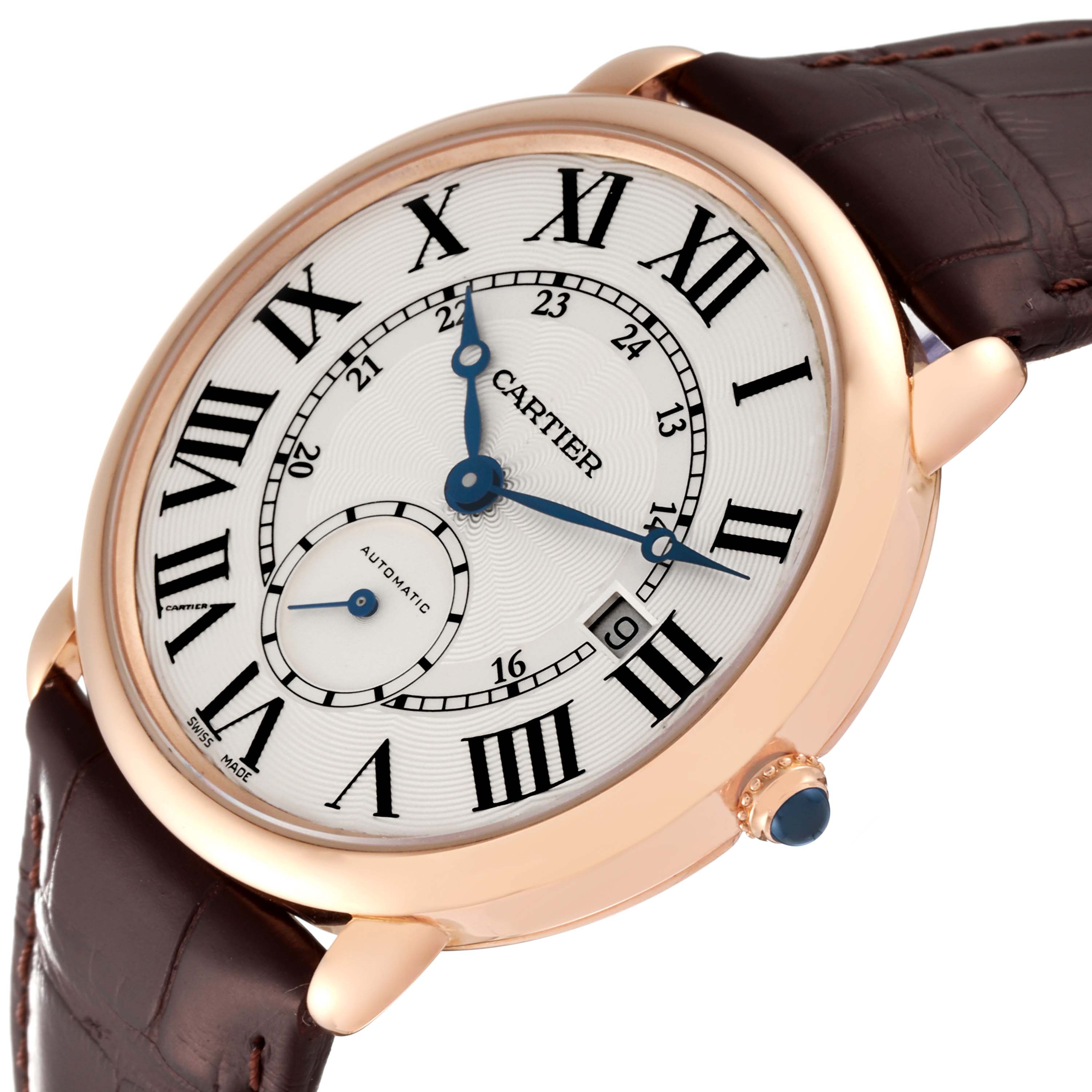 The image shows a Cartier Ronde W6801005 Men
s Rose Gold Silver Dial W6801005 Men
s Rose Gold Silver Dial model wristwatch, angled to display its dial, case, crown, and part of the strap.