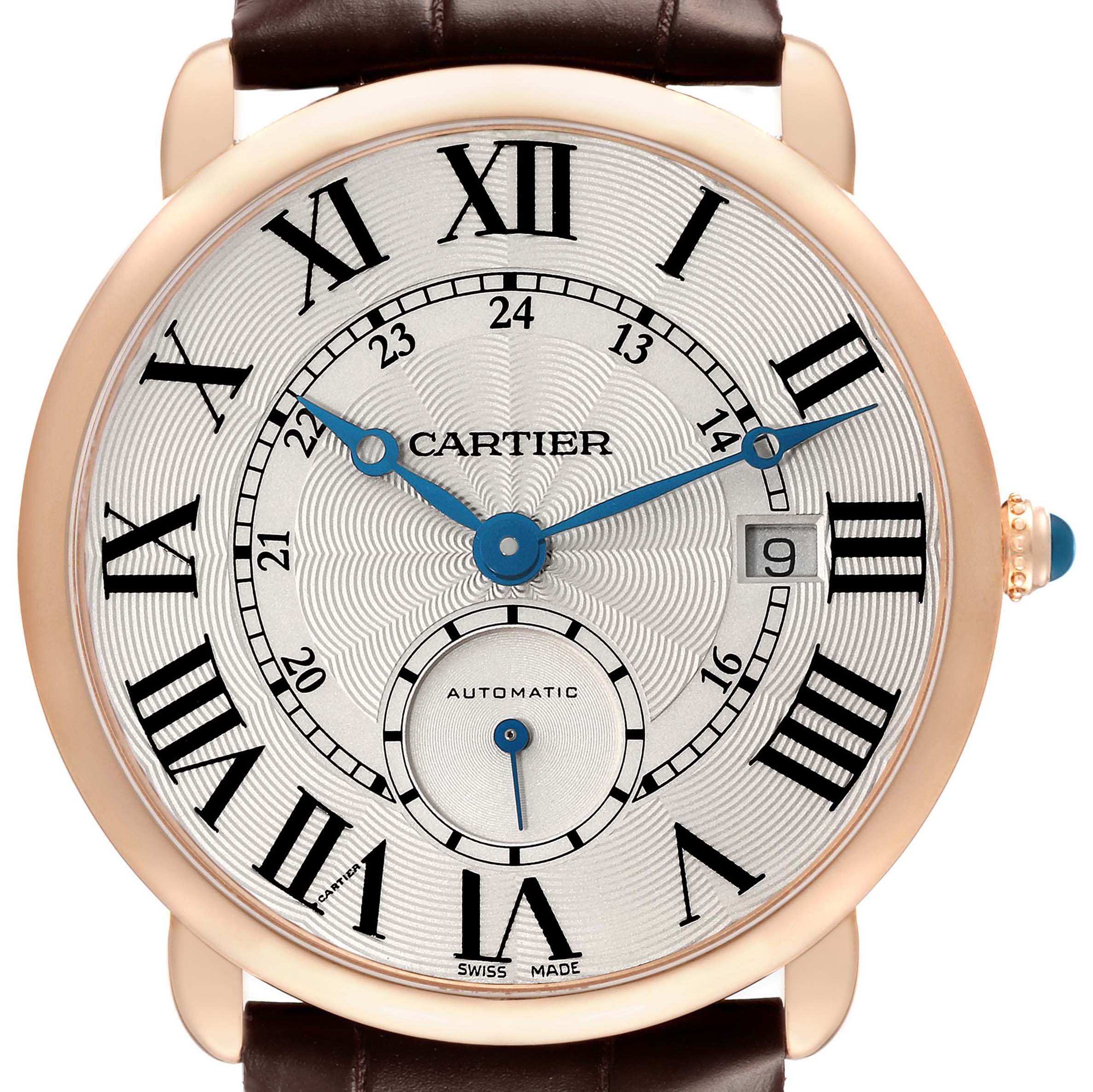 The Cartier Ronde W6801005 Men's Rose Gold Silver Dial watch is shown from the front, displaying its dial, hands, and part of the strap.