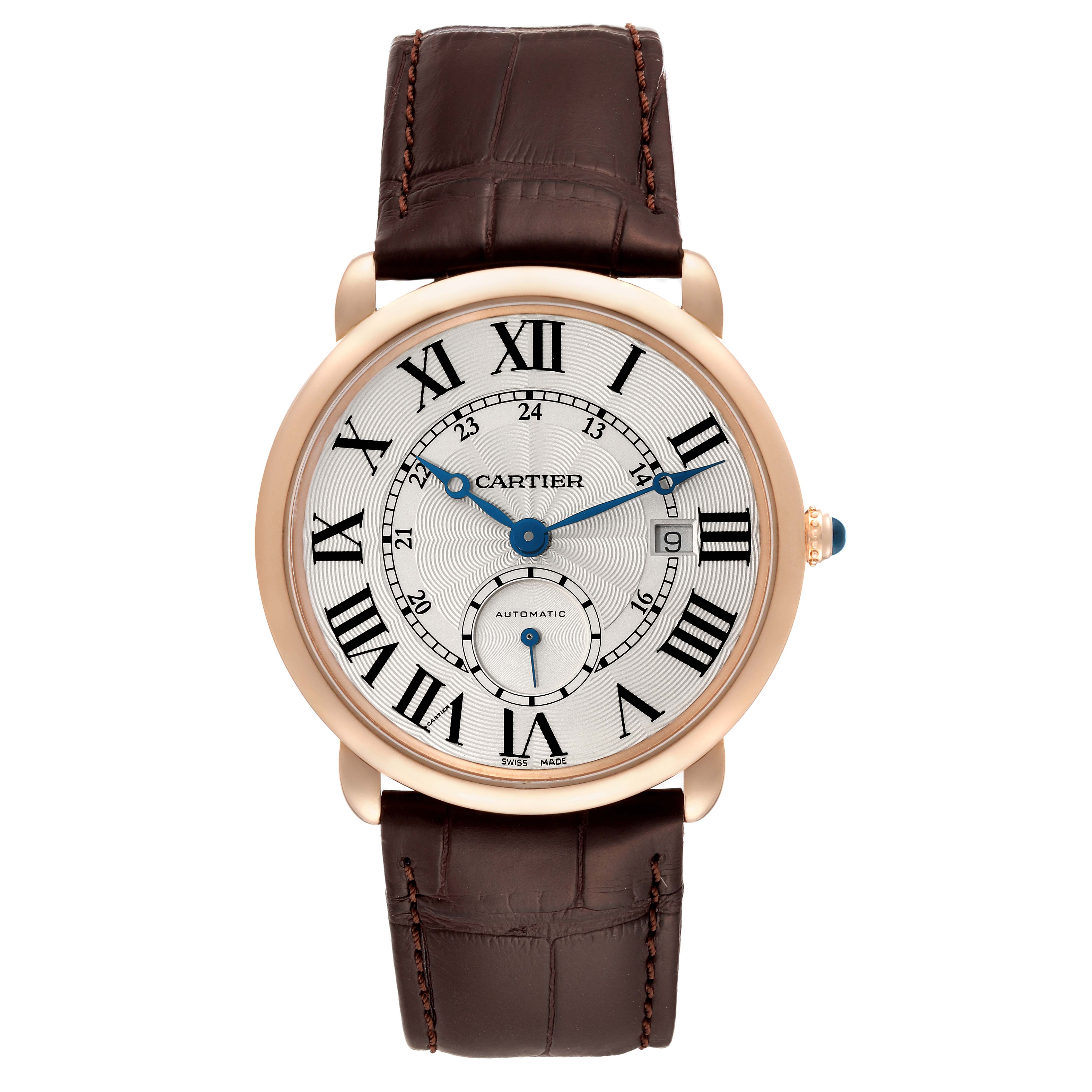 The image shows a front view of a Cartier Ronde W6801005 Men
s Rose Gold Silver Dial W6801005 Men
s Rose Gold Silver Dial watch, highlighting its Roman numeral dial and brown leather strap.