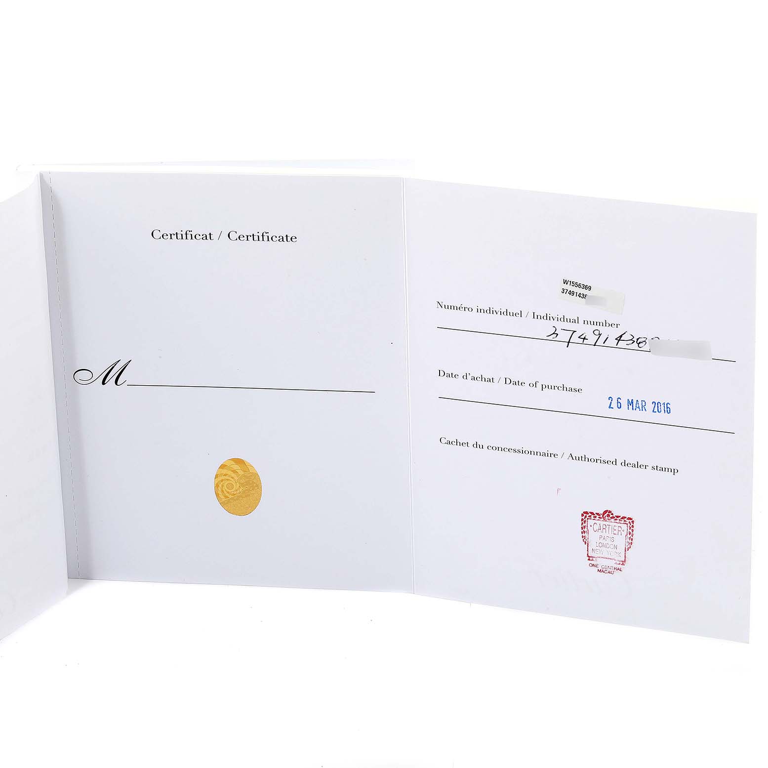 The image shows the open certificate of authenticity and purchase details for a Cartier Rotonde W1556369 Men's Stainless Steel Silver Dial W1556369 Men's Stainless Steel Silver Dial watch.