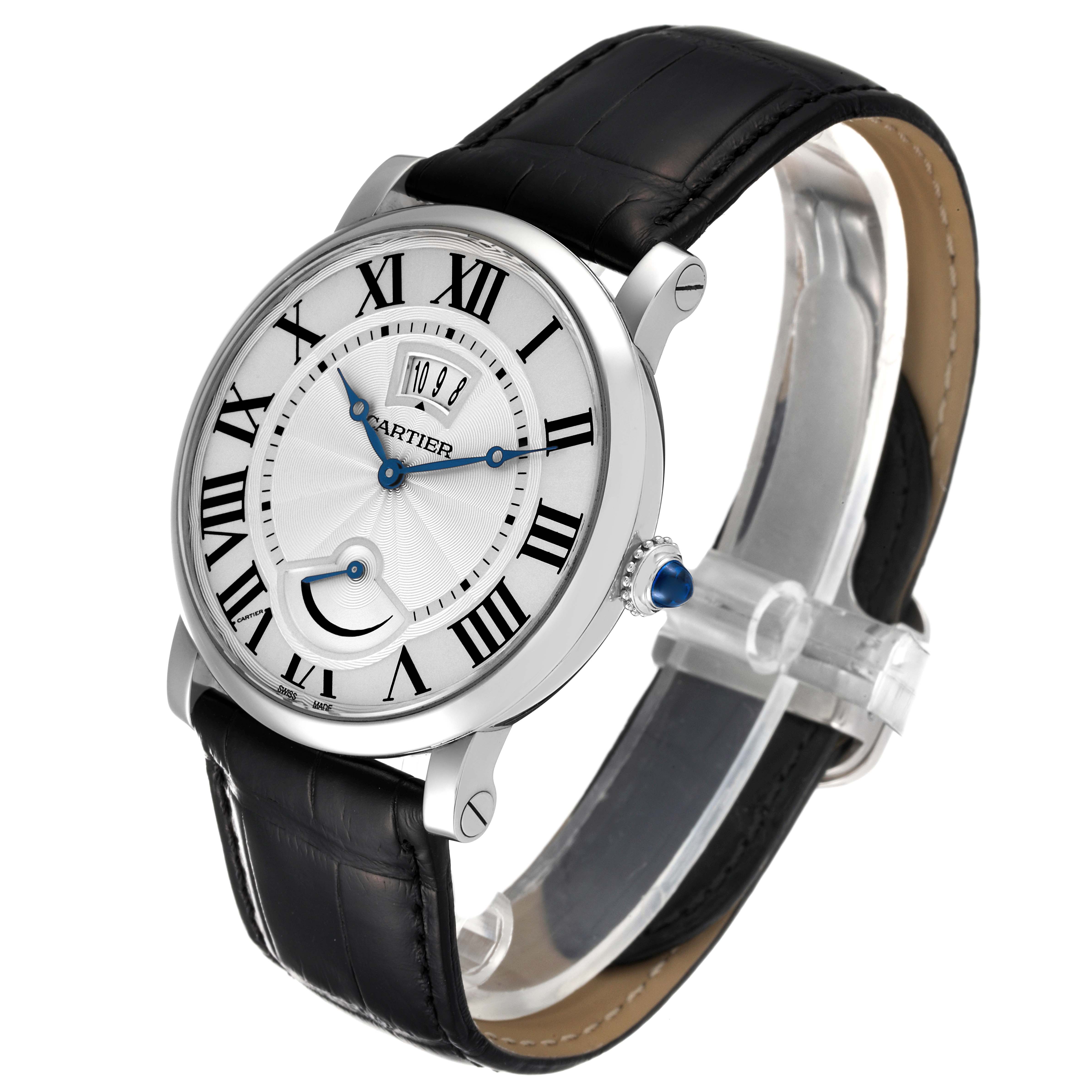The image shows a Rotonde de Cartier watch, displaying its face, leather strap, and side crown at a three-quarter angle.