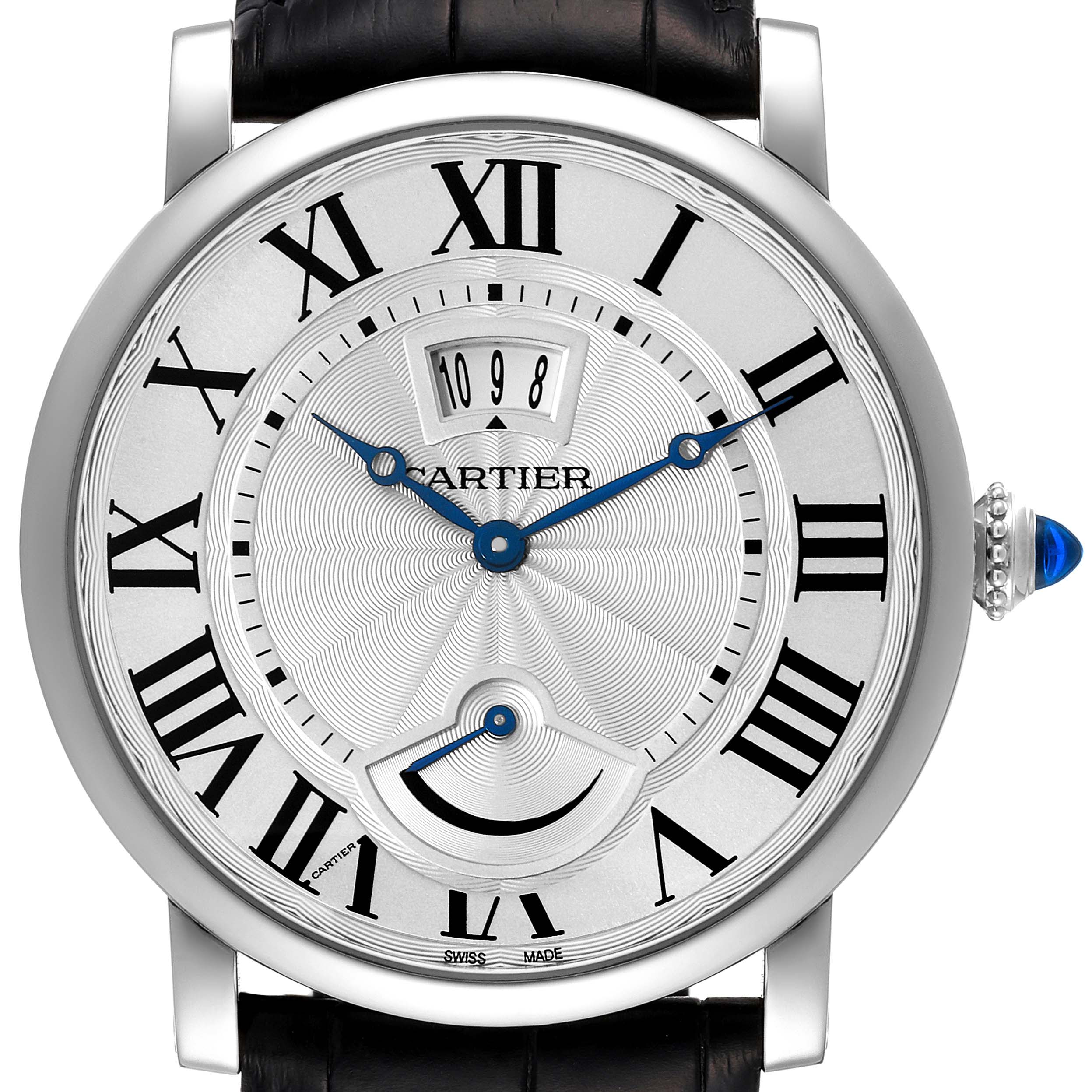 This is a close-up view of the Cartier Rotonde W1556369 Men's Stainless Steel Silver Dial W1556369 Men's Stainless Steel Silver Dial watch, showing its dial, Roman numerals, blue hands, and a date display.