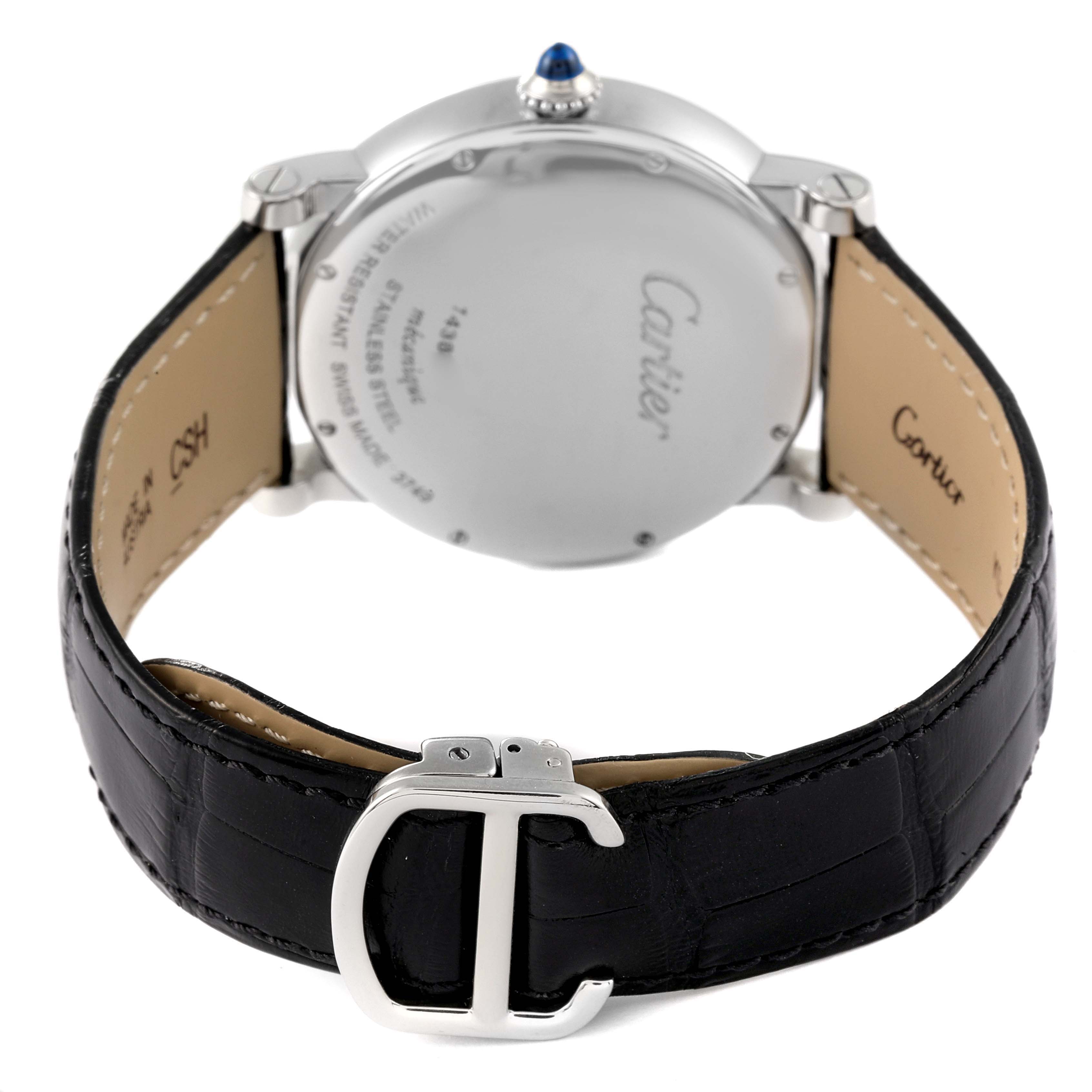 The image shows the back case and strap of a Cartier Rotonde W1556369 Men's Stainless Steel Silver Dial W1556369 Men's Stainless Steel Silver Dial watch, highlighting the buckle and crown.