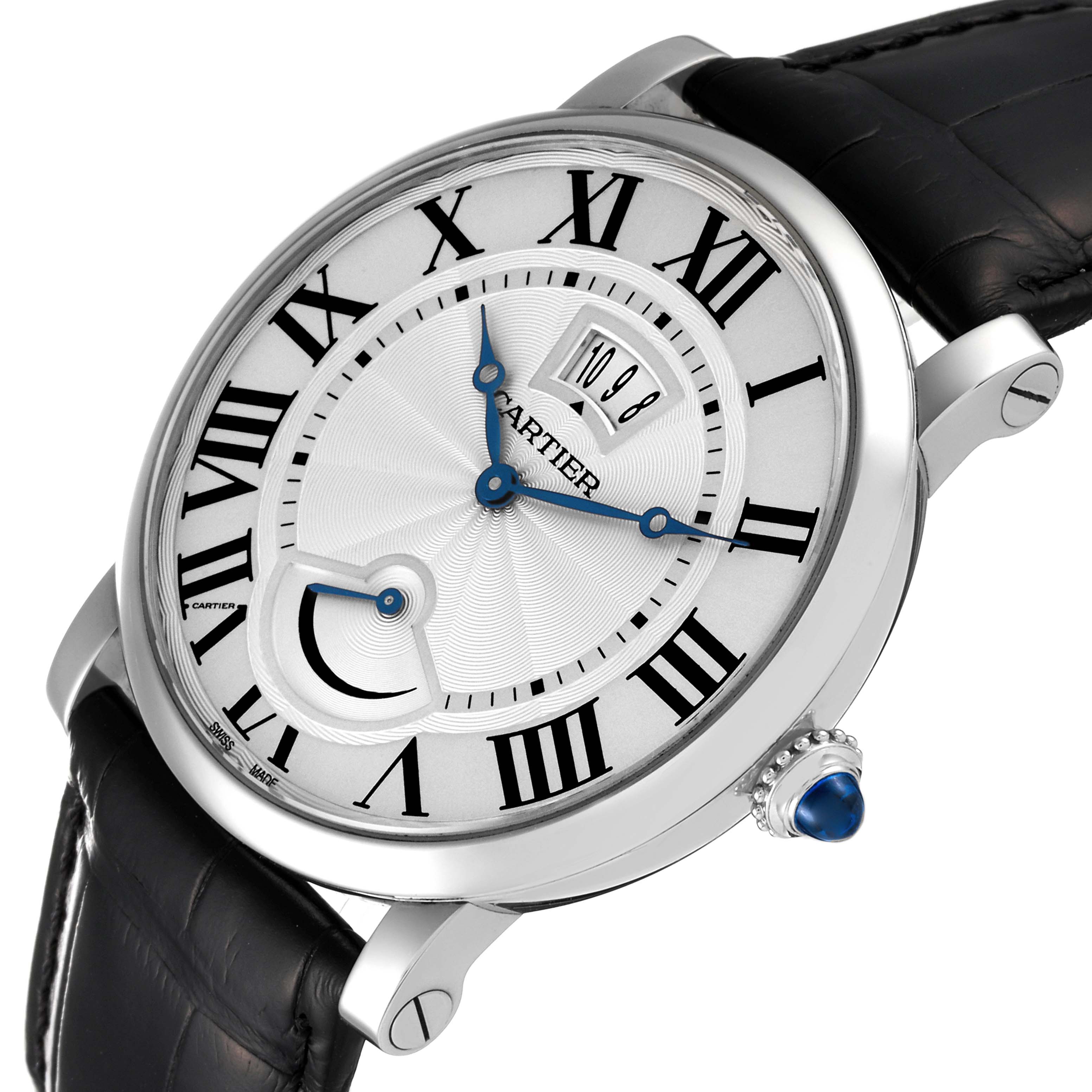 The image shows a Rotonde model by Cartier at an angled close-up, highlighting its dial, Roman numerals, and leather strap.