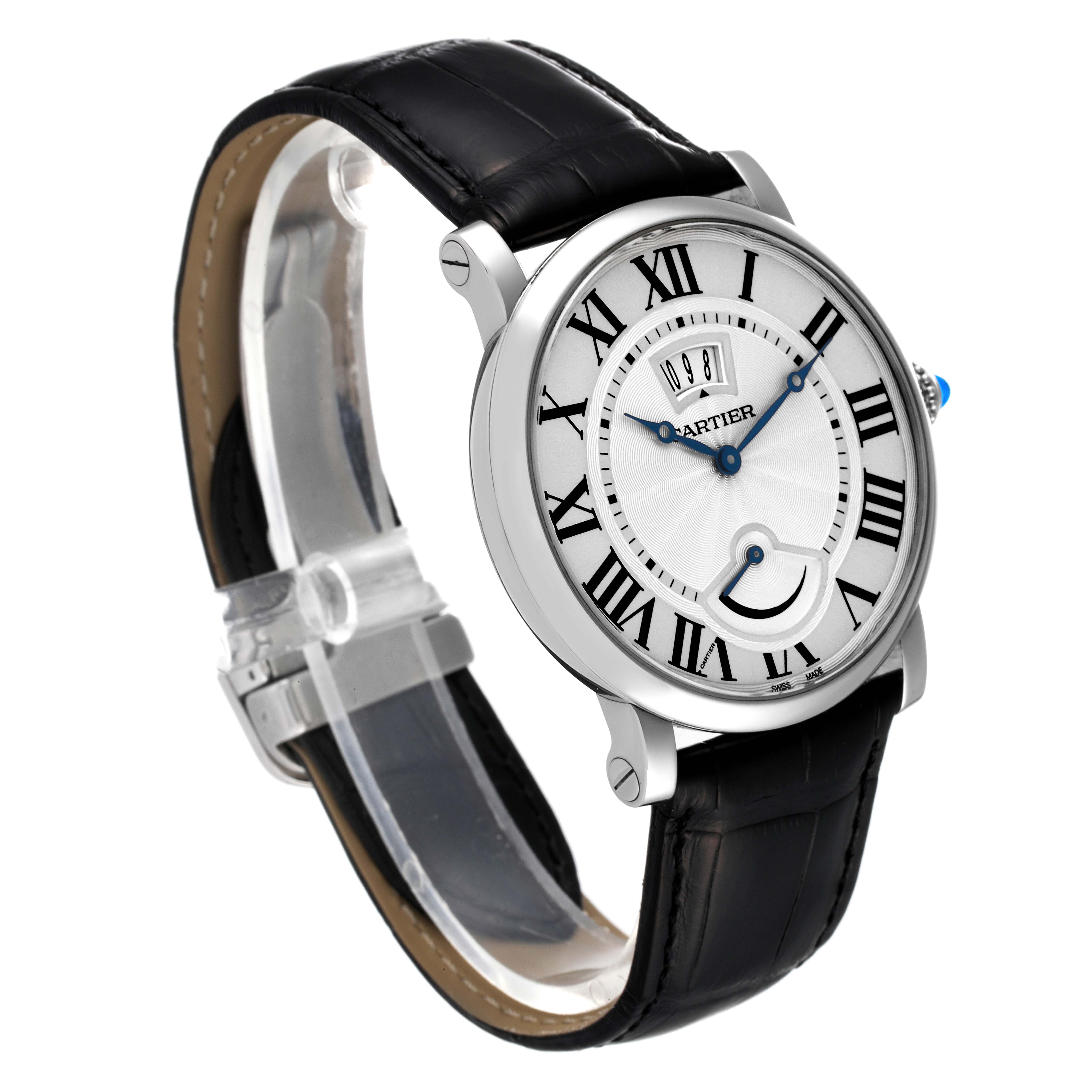 This image shows a side angle of the Cartier Rotonde W1556369 Men's Stainless Steel Silver Dial W1556369 Men's Stainless Steel Silver Dial watch, highlighting the black leather strap and the white dial with Roman numerals.
