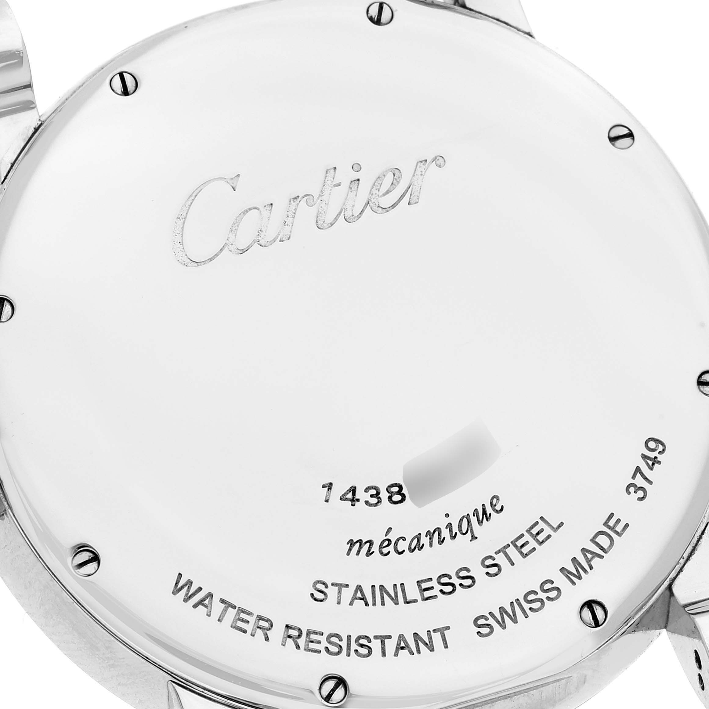 This image shows the back case of the Cartier Rotonde W1556369 Men's Stainless Steel Silver Dial W1556369 Men's Stainless Steel Silver Dial model watch, highlighting details like its water resistance and material.