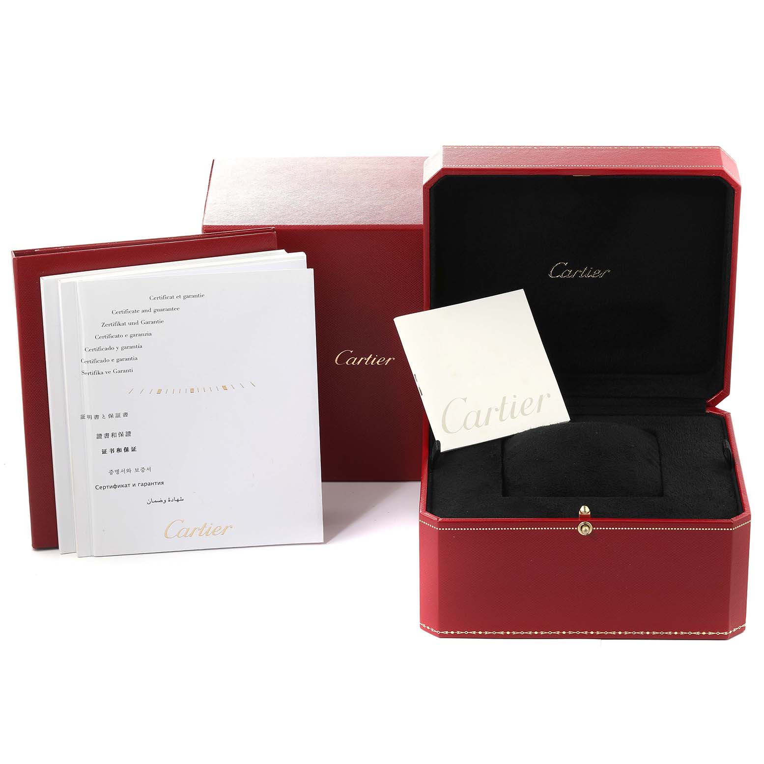 The image shows the packaging, box, and documentation for a Rotonde de Cartier watch.