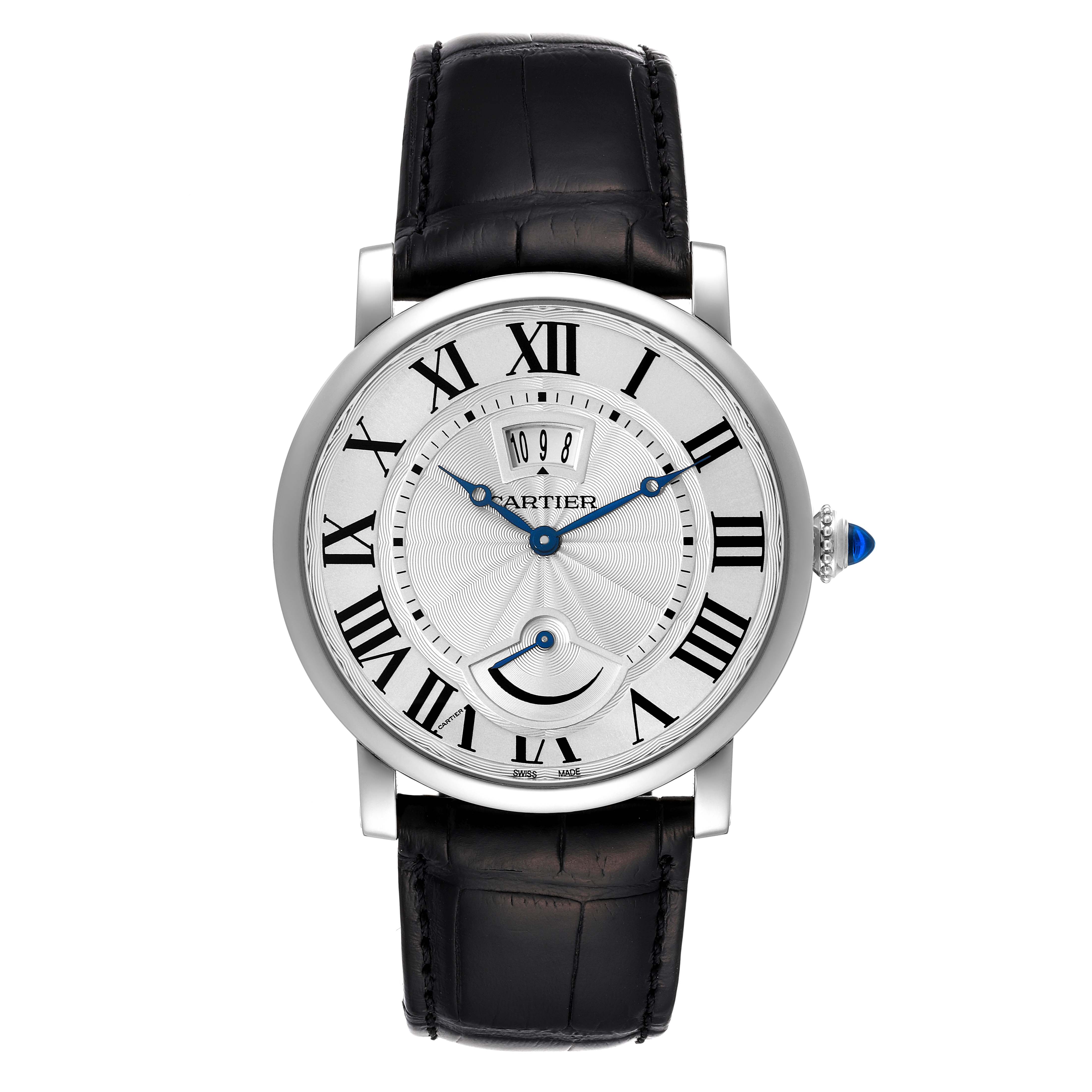 This image shows a front view of a Rotonde model watch by Cartier, featuring its face, strap, and crown.