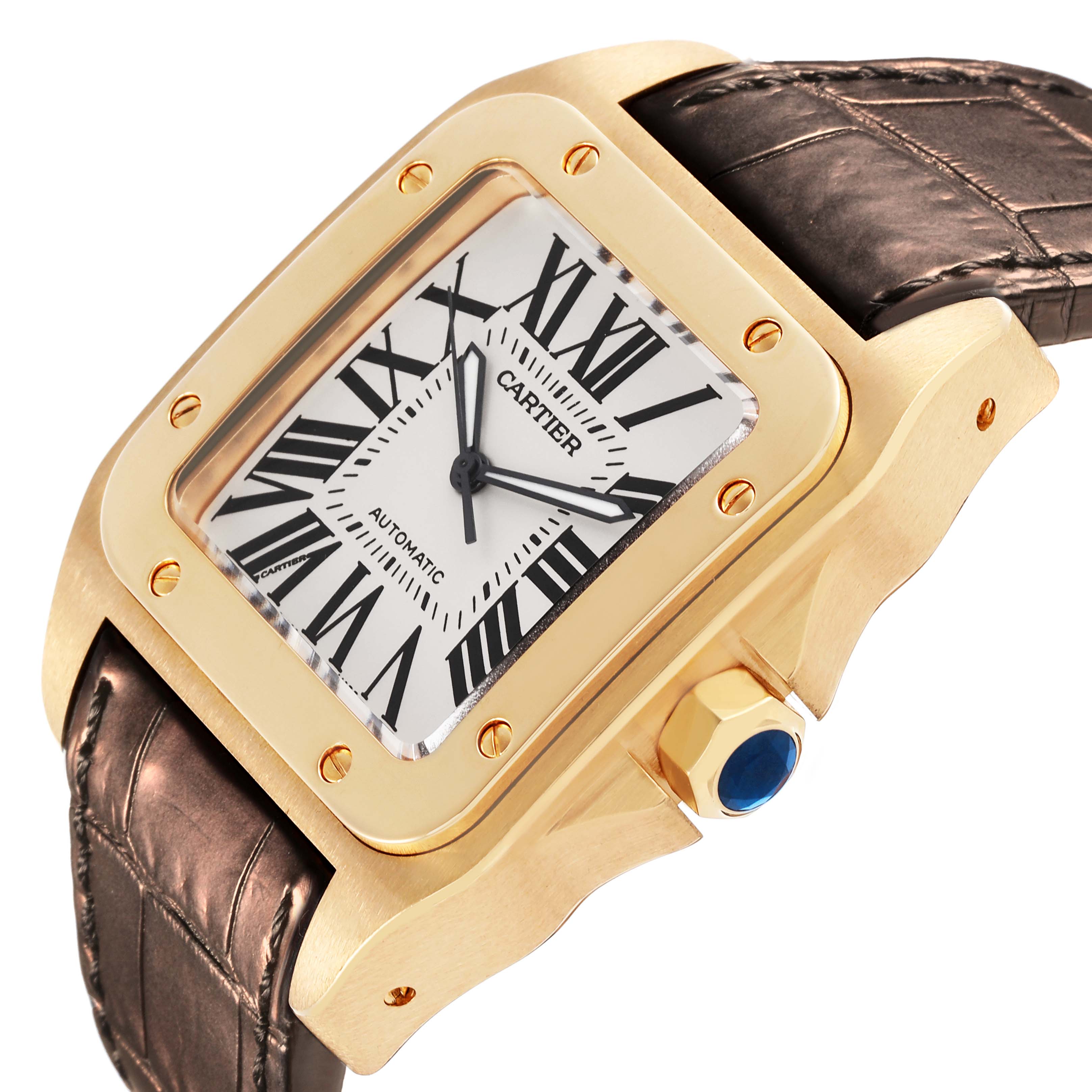 The image showcases a Cartier Santos W20071Y1 Men's Yellow Gold Silver Dial W20071Y1 Men's Yellow Gold Silver Dial watch at an angled side view, highlighting the gold case, bezel, and crown.
