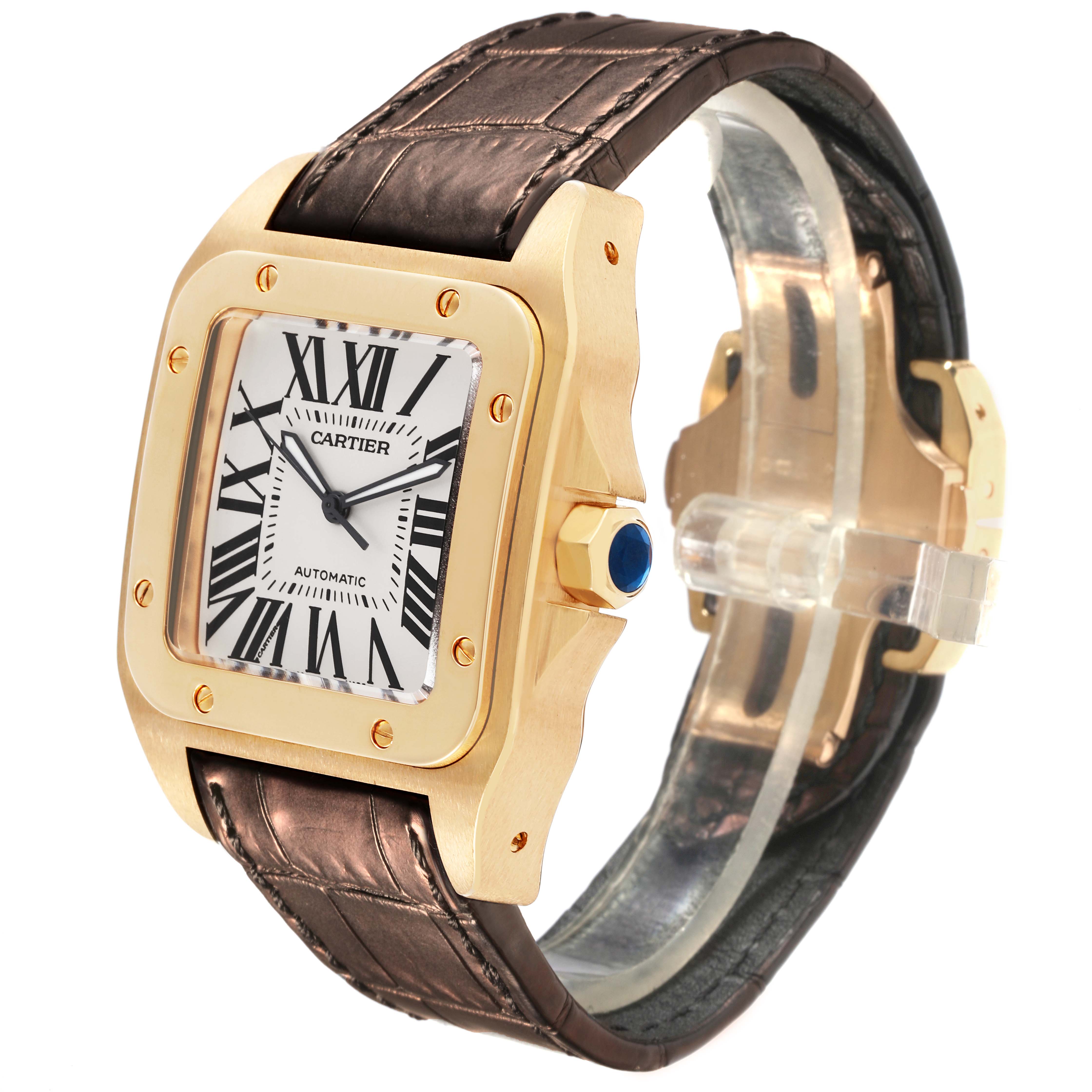 The Cartier Santos W20071Y1 Men's Yellow Gold Silver Dial W20071Y1 Men's Yellow Gold Silver Dial watch is shown at a three-quarter angle, featuring the face, bezel, crown, and leather strap.