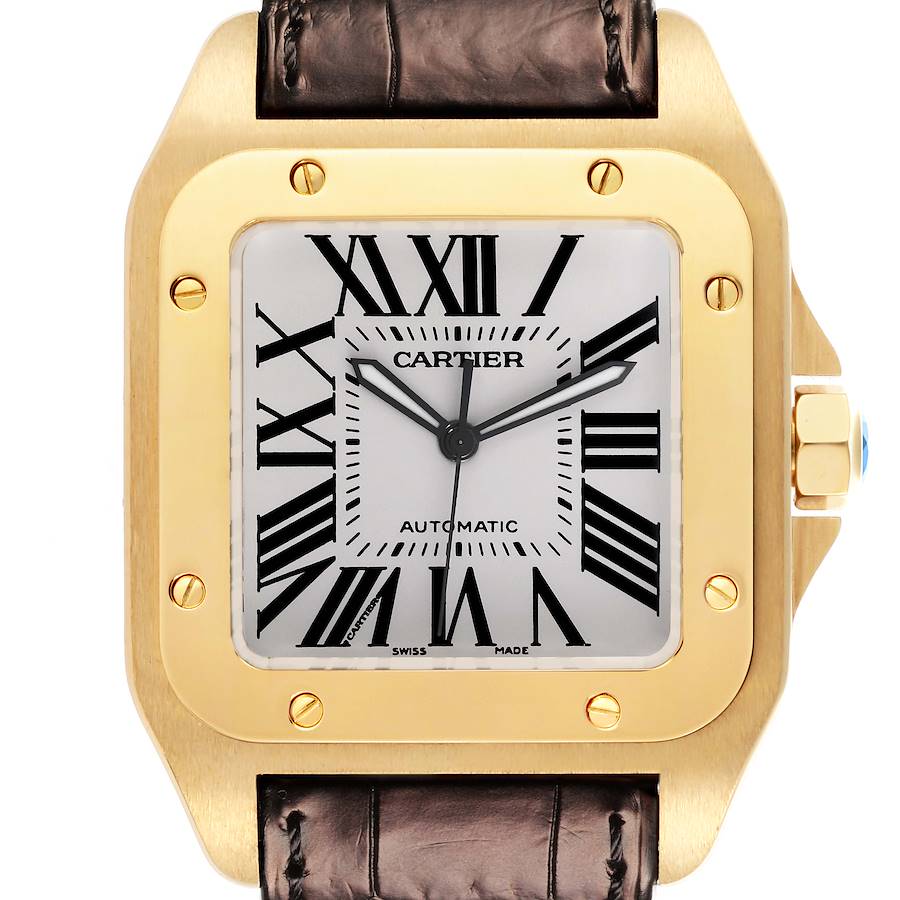 The Cartier Santos watch is shown from a front angle, highlighting its square face, gold bezel, and leather strap.