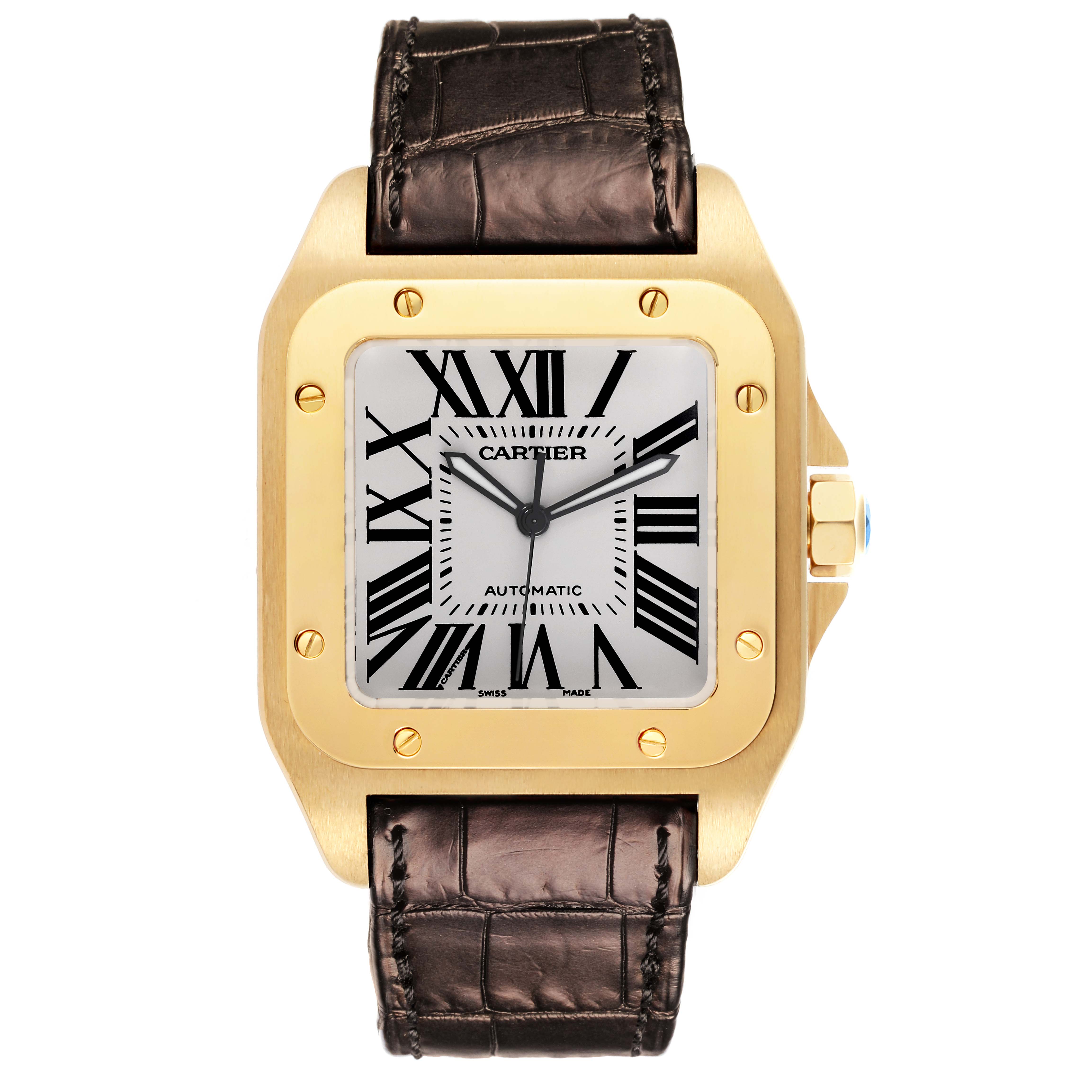 The Cartier Santos W20071Y1 Men's Yellow Gold Silver Dial W20071Y1 Men's Yellow Gold Silver Dial watch is shown from a front angle, displaying the dial, bezel, and leather strap.
