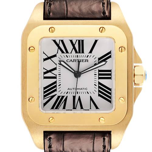 The image shows a front view of the Cartier Santos watch, highlighting the face, bezel, and part of the strap.