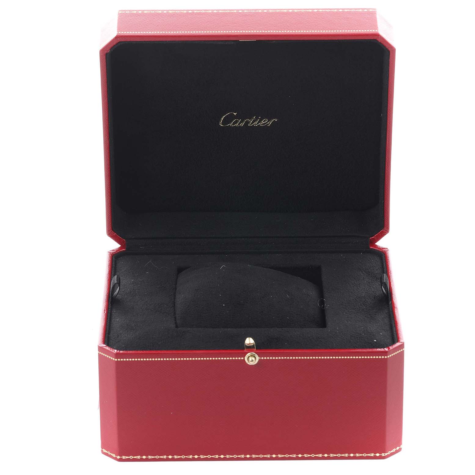 The image shows an open red Cartier watch box for the Santos model, angled from the front.
