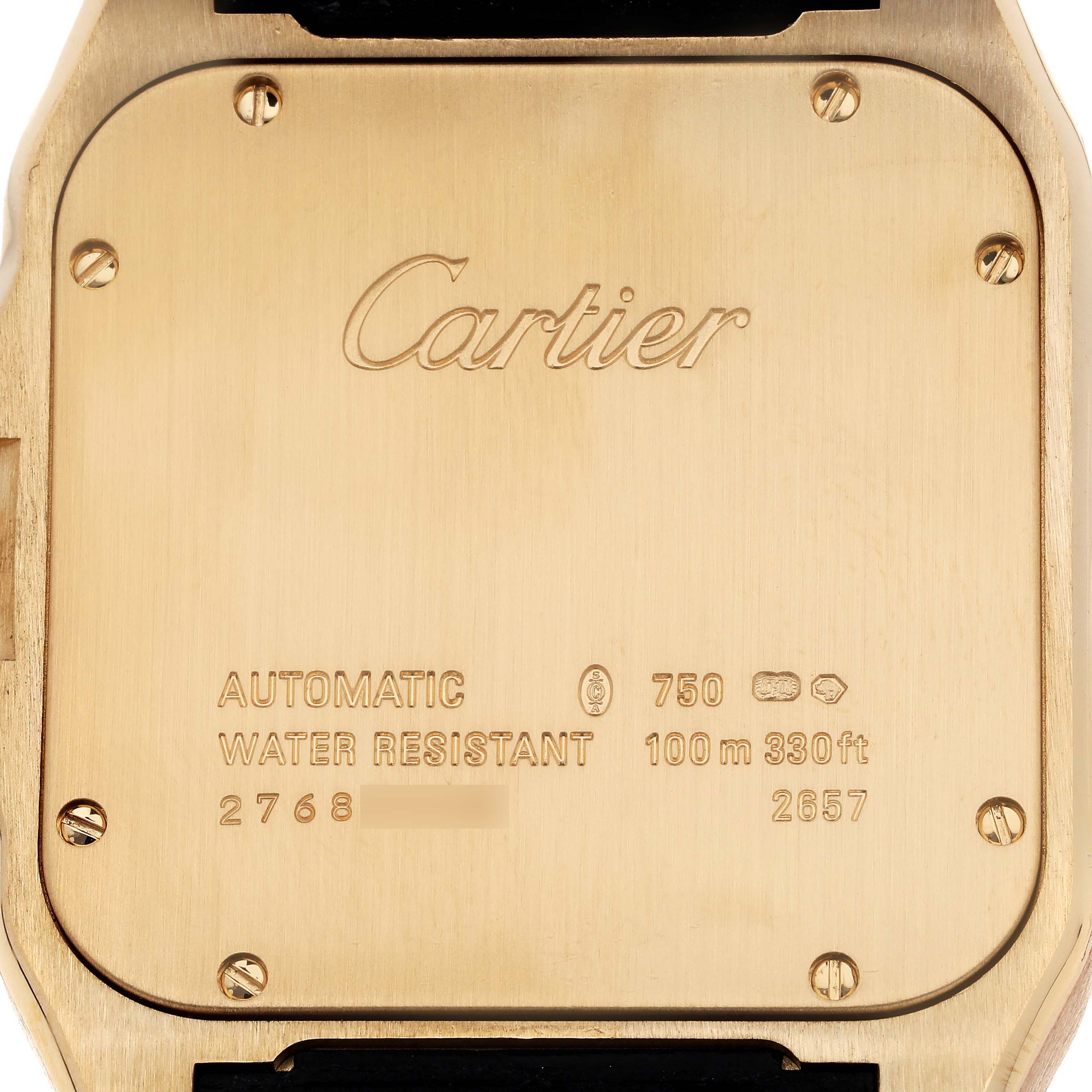 The image shows the back casing of a Cartier Santos W20071Y1 Men's Yellow Gold Silver Dial W20071Y1 Men's Yellow Gold Silver Dial watch, displaying branding and specifications.