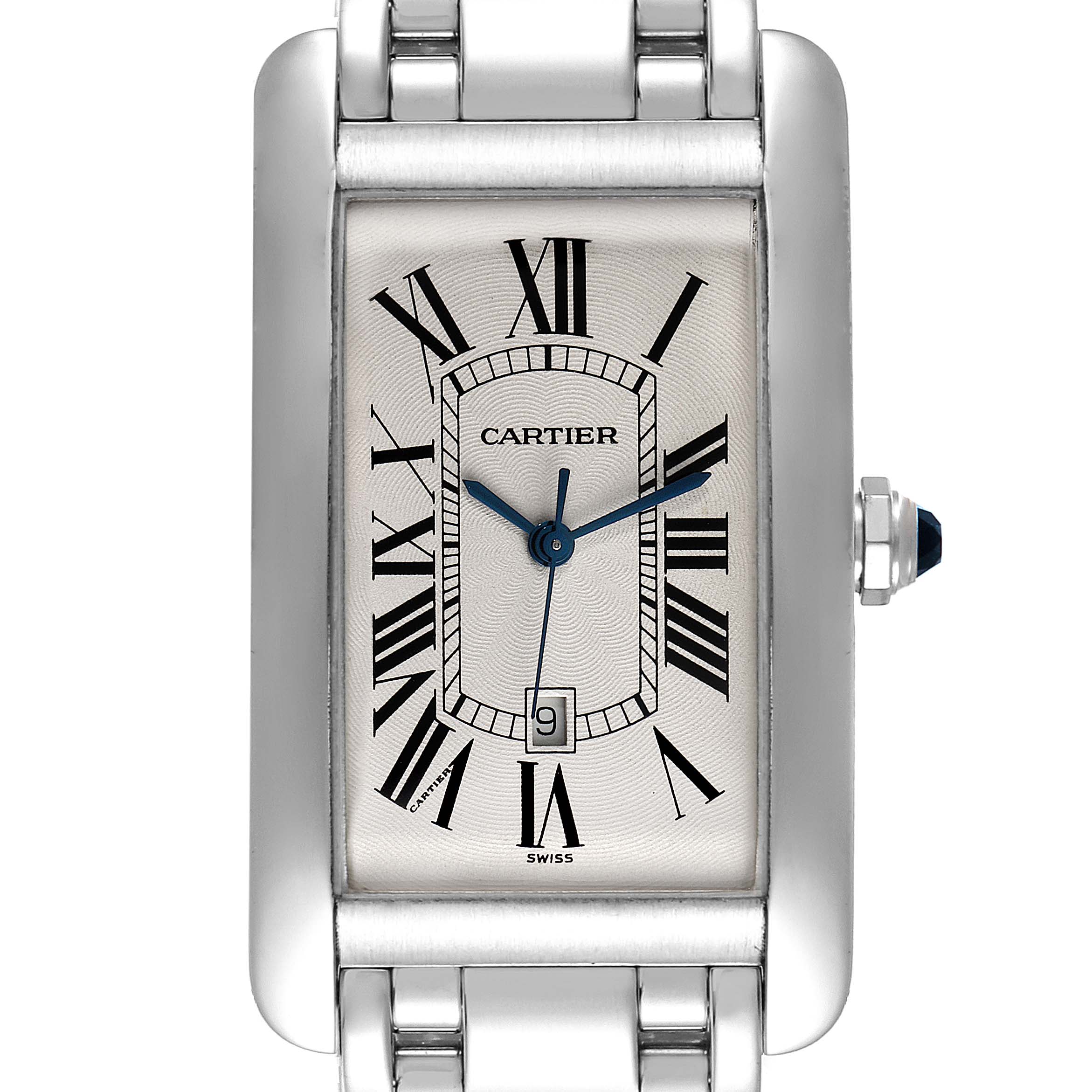 The Cartier Tank Americaine W26032L1 Men's White Gold Silver Dial W26032L1 Men's White Gold Silver Dial watch is shown from the front, displaying its rectangular face, Roman numerals, and bracelet.