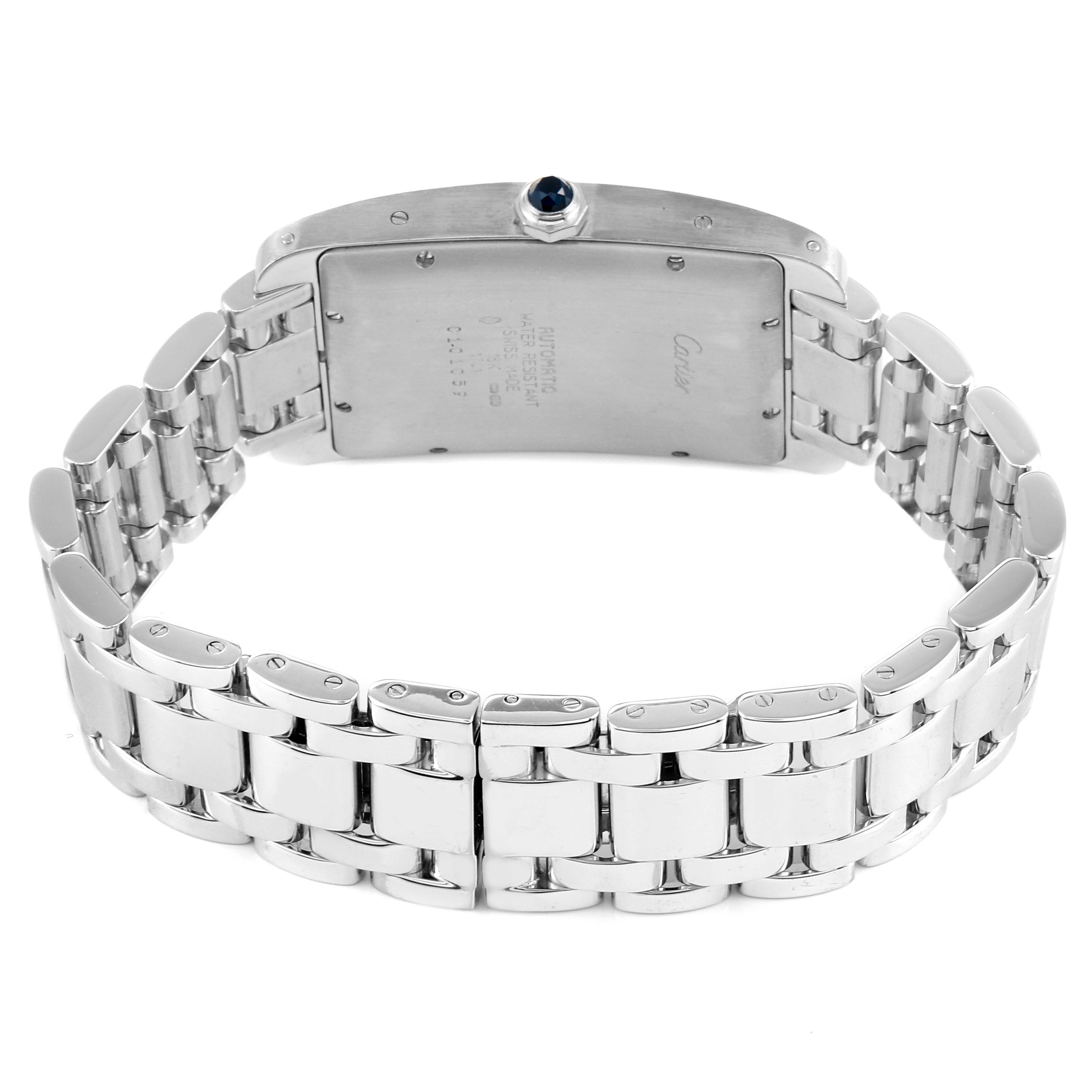 The image shows the back view of a Cartier Tank Americaine W26032L1 Men's White Gold Silver Dial W26032L1 Men's White Gold Silver Dial watch, highlighting the metal bracelet and case back.