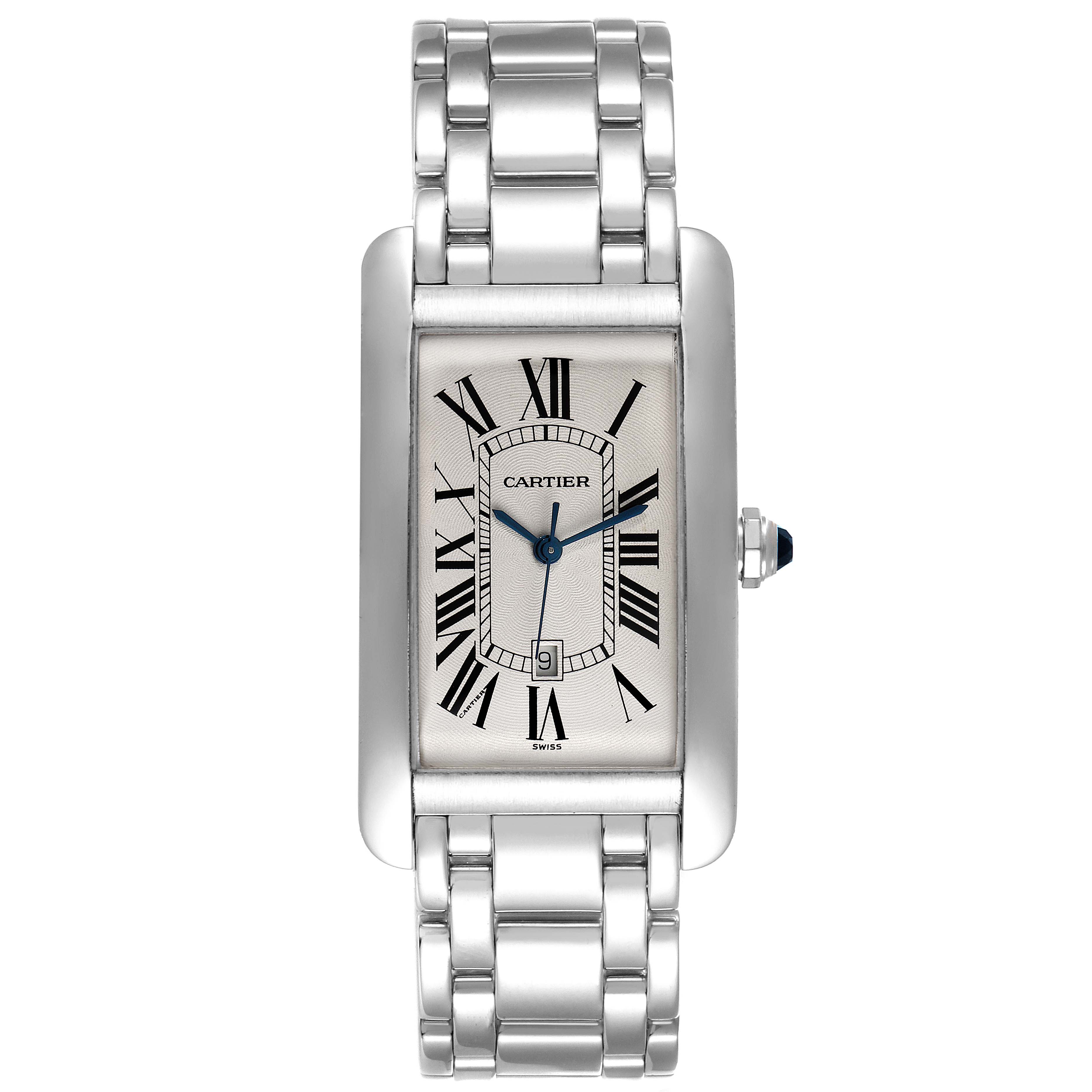 The image shows a front view of the Cartier Tank Americaine W26032L1 Men's White Gold Silver Dial W26032L1 Men's White Gold Silver Dial watch, highlighting its rectangular face and metal bracelet.