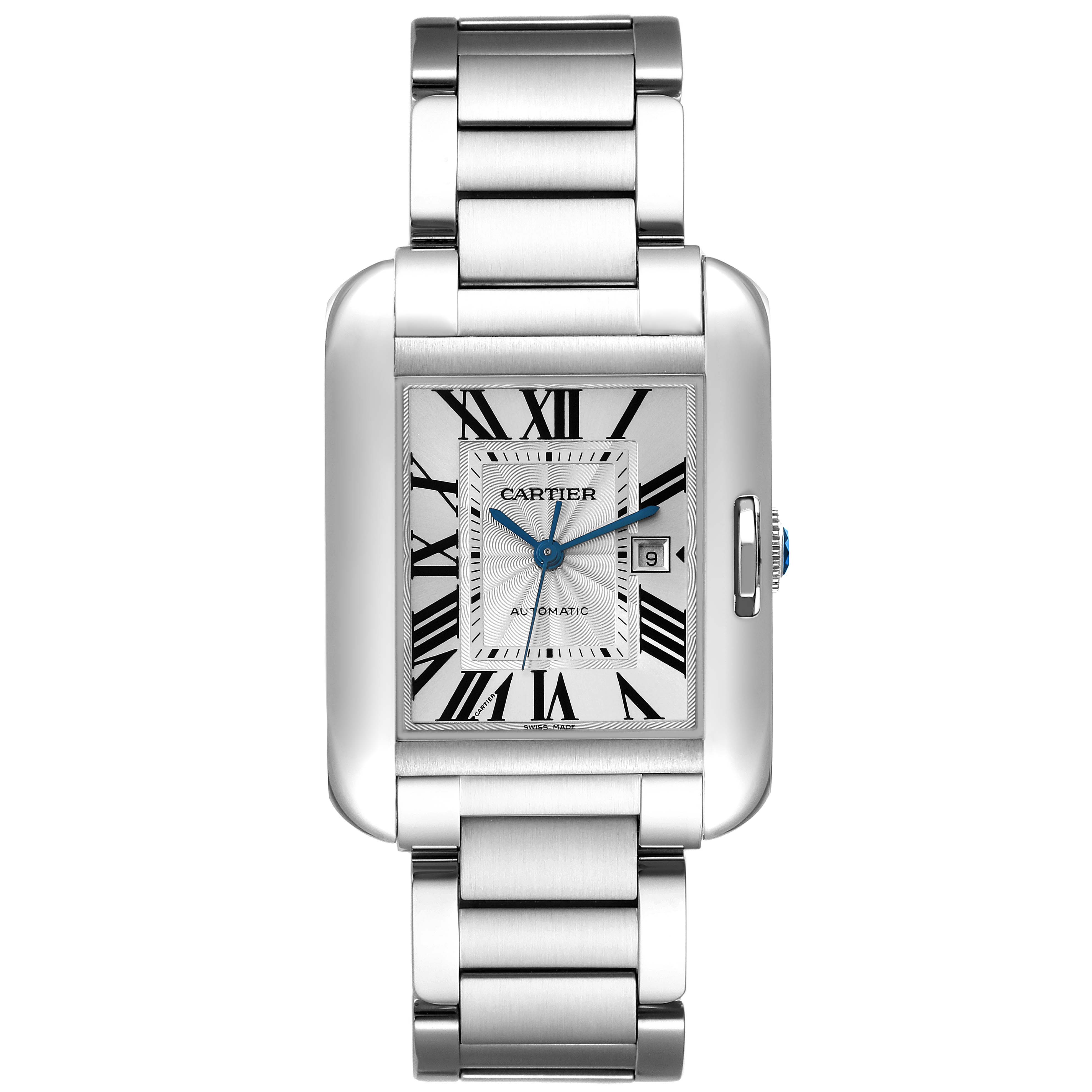 The image shows a front view of the Cartier Tank Anglaise W5310009 Men
s Stainless Steel Silver Dial W5310009 Men
s Stainless Steel Silver Dial watch, displaying its rectangular dial and metallic bracelet.