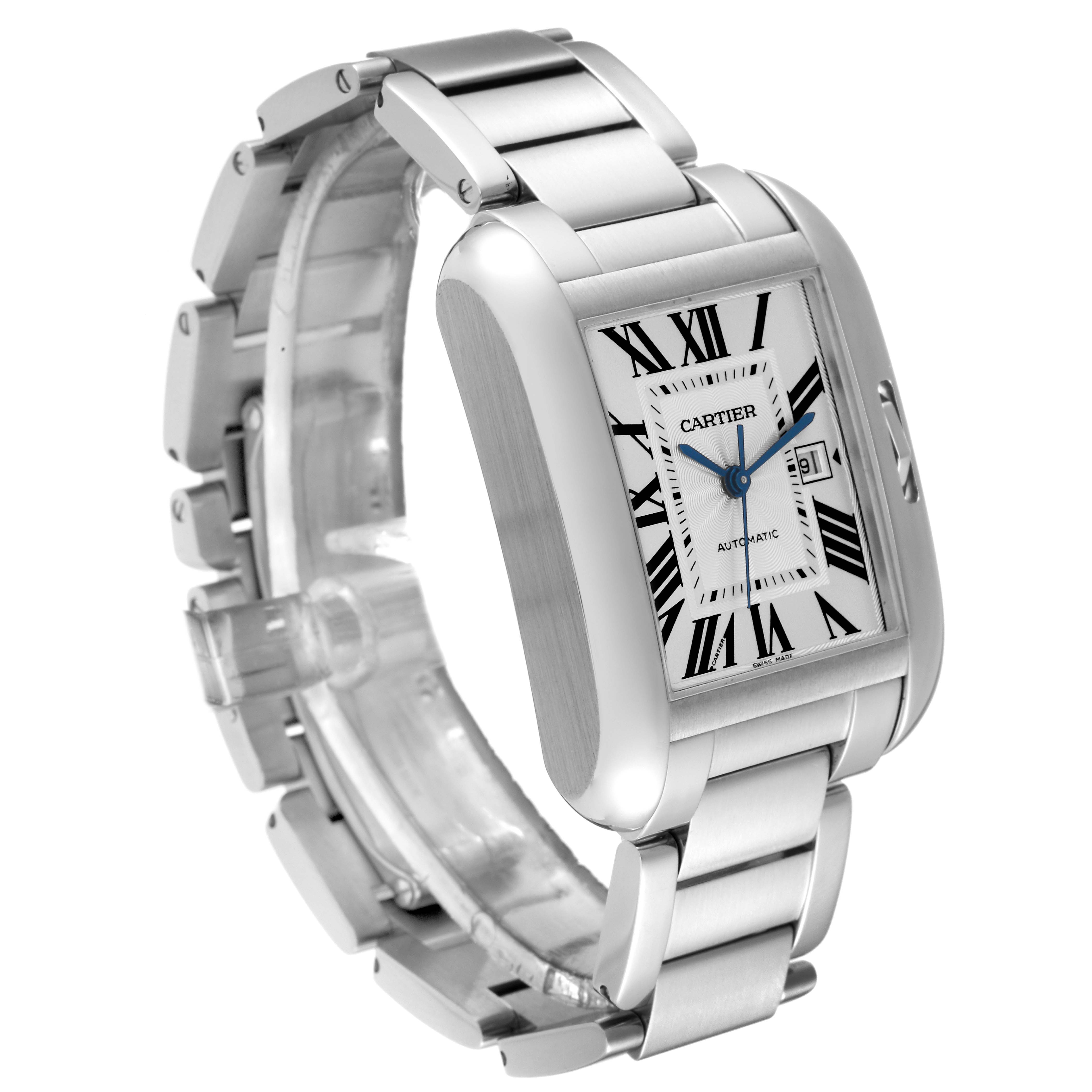 The Cartier Tank Anglaise W5310009 Men
s Stainless Steel Silver Dial W5310009 Men
s Stainless Steel Silver Dial watch is shown from a front-left angle, displaying its face, case, and part of the bracelet.