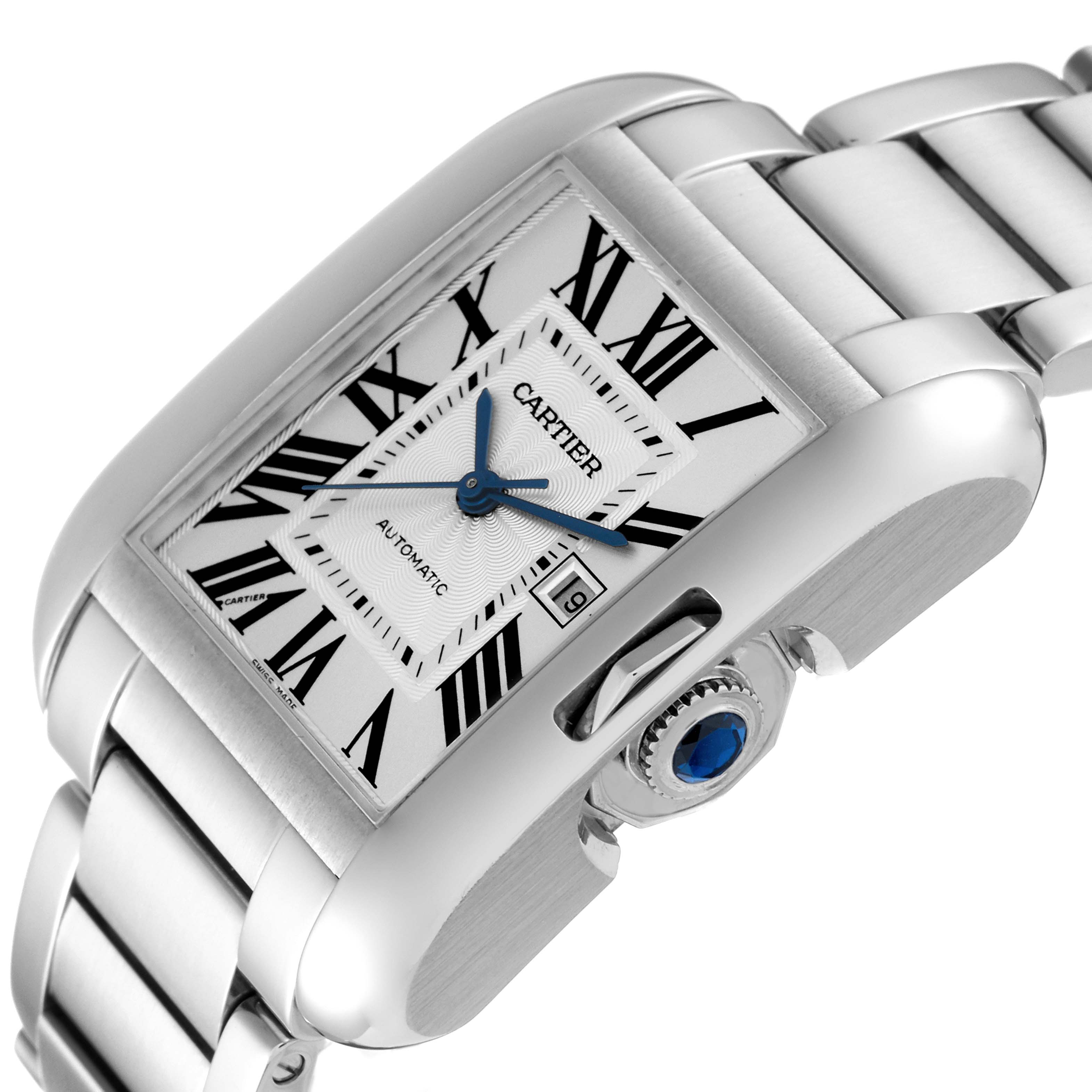 This image of the Cartier Tank Anglaise W5310009 Men
s Stainless Steel Silver Dial W5310009 Men
s Stainless Steel Silver Dial watch shows the face, crown, and part of the bracelet at an angled perspective.