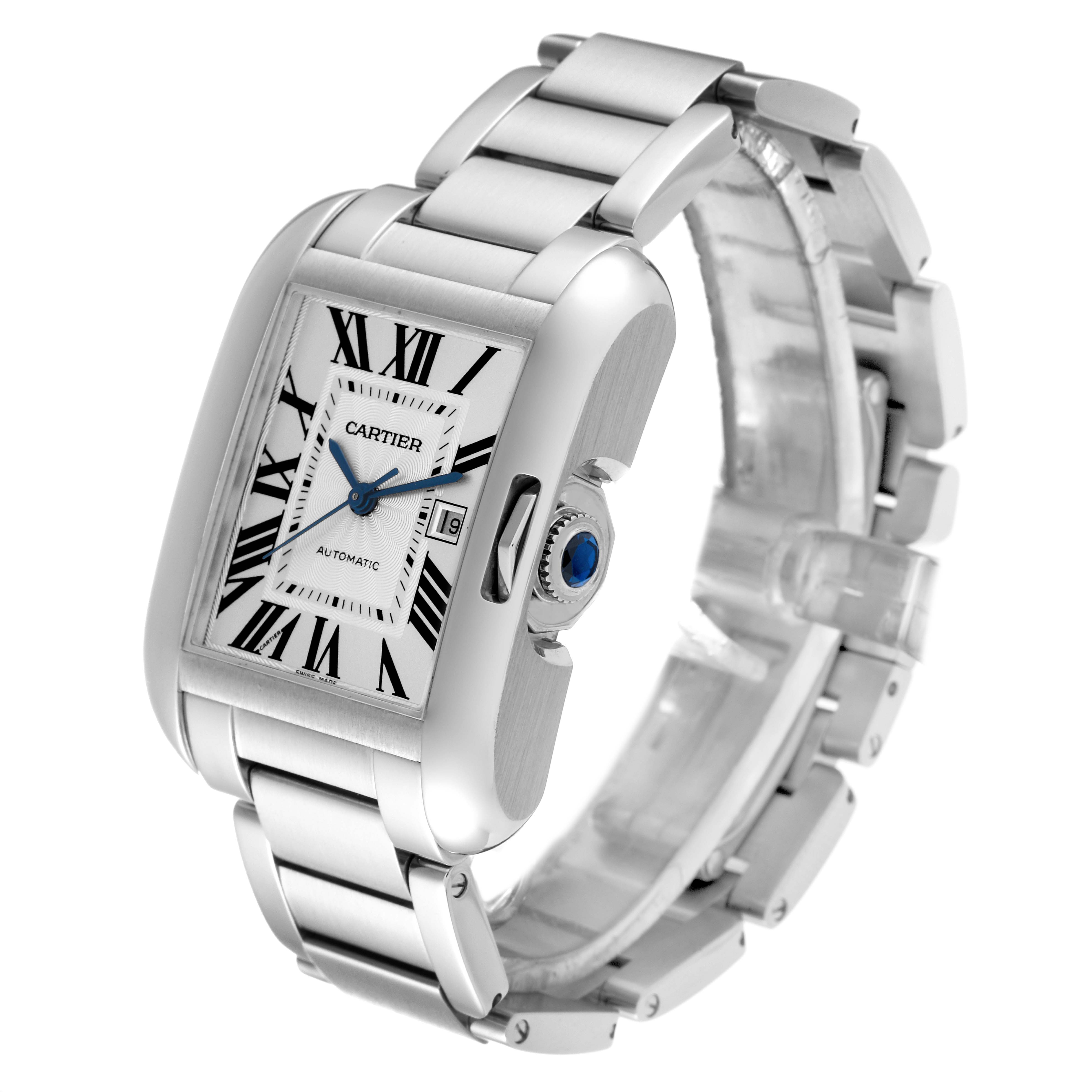 The Cartier Tank Anglaise W5310009 Men
s Stainless Steel Silver Dial W5310009 Men
s Stainless Steel Silver Dial watch is shown at a slight angle, displaying its face, bezel, crown, and link bracelet.