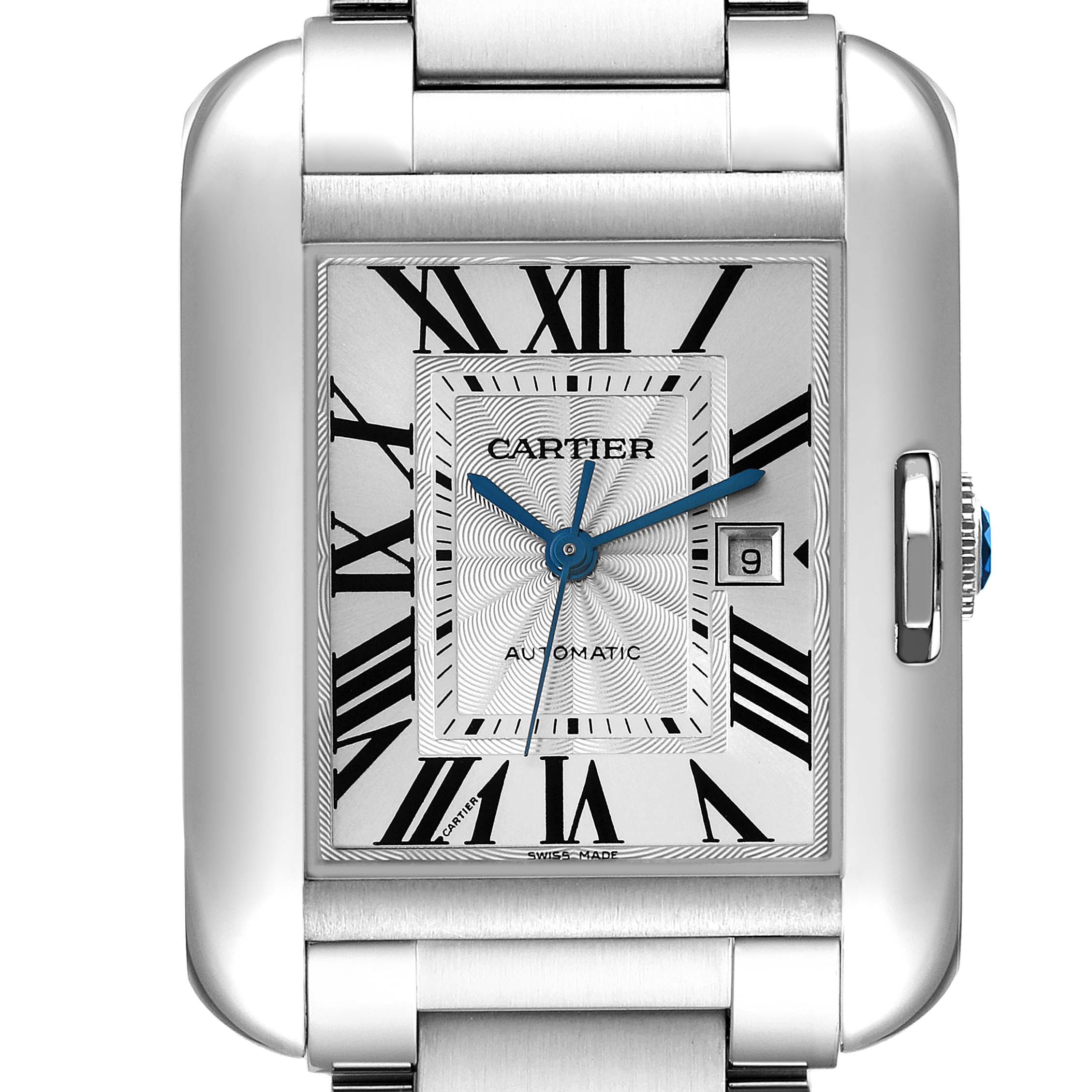 This is a close-up shot of the dial and bezel of the Cartier Tank Anglaise W5310009 Men
s Stainless Steel Silver Dial W5310009 Men
s Stainless Steel Silver Dial watch.