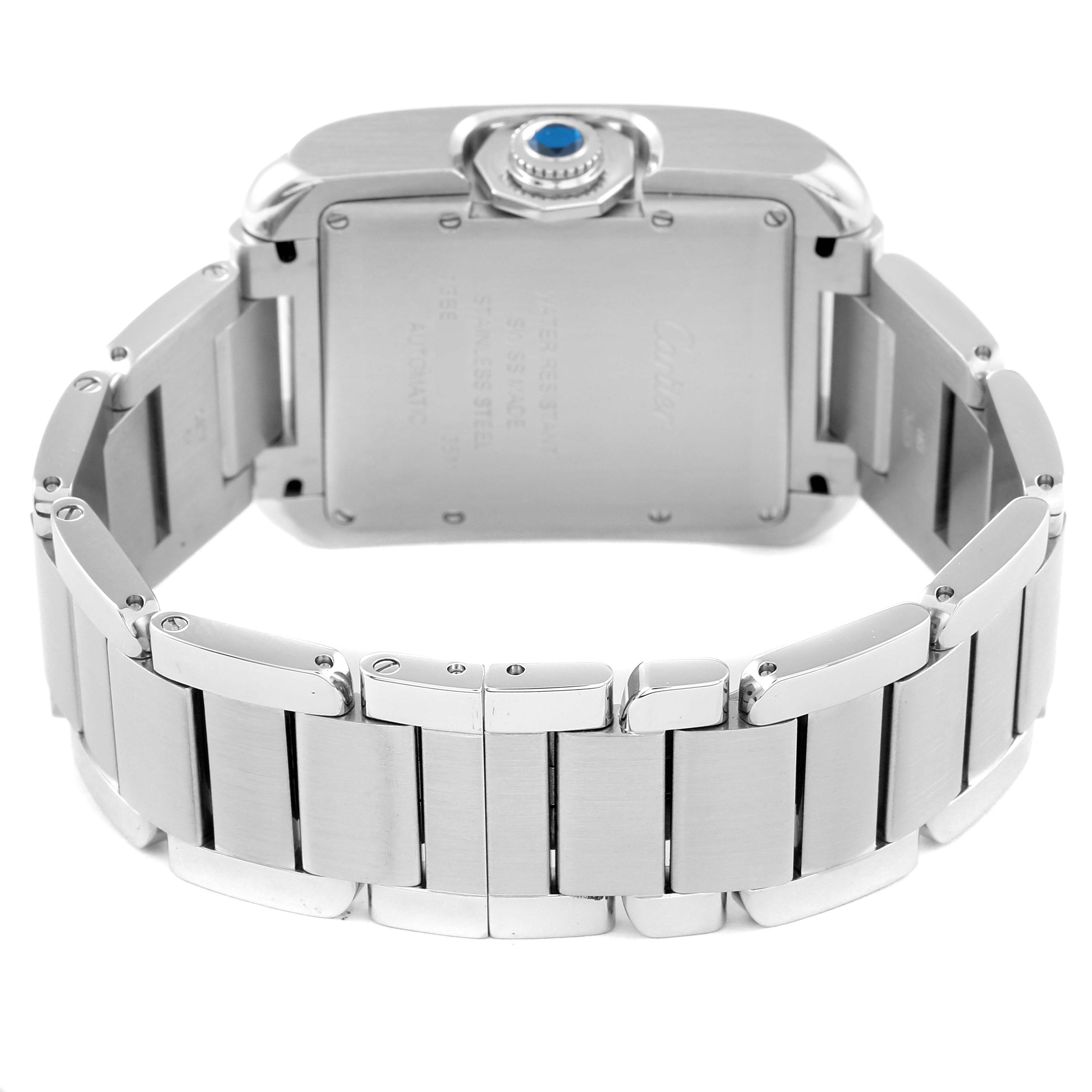 This image shows the back view of the Cartier Tank Anglaise W5310009 Men
s Stainless Steel Silver Dial W5310009 Men
s Stainless Steel Silver Dial watch, highlighting its stainless steel case and bracelet.
