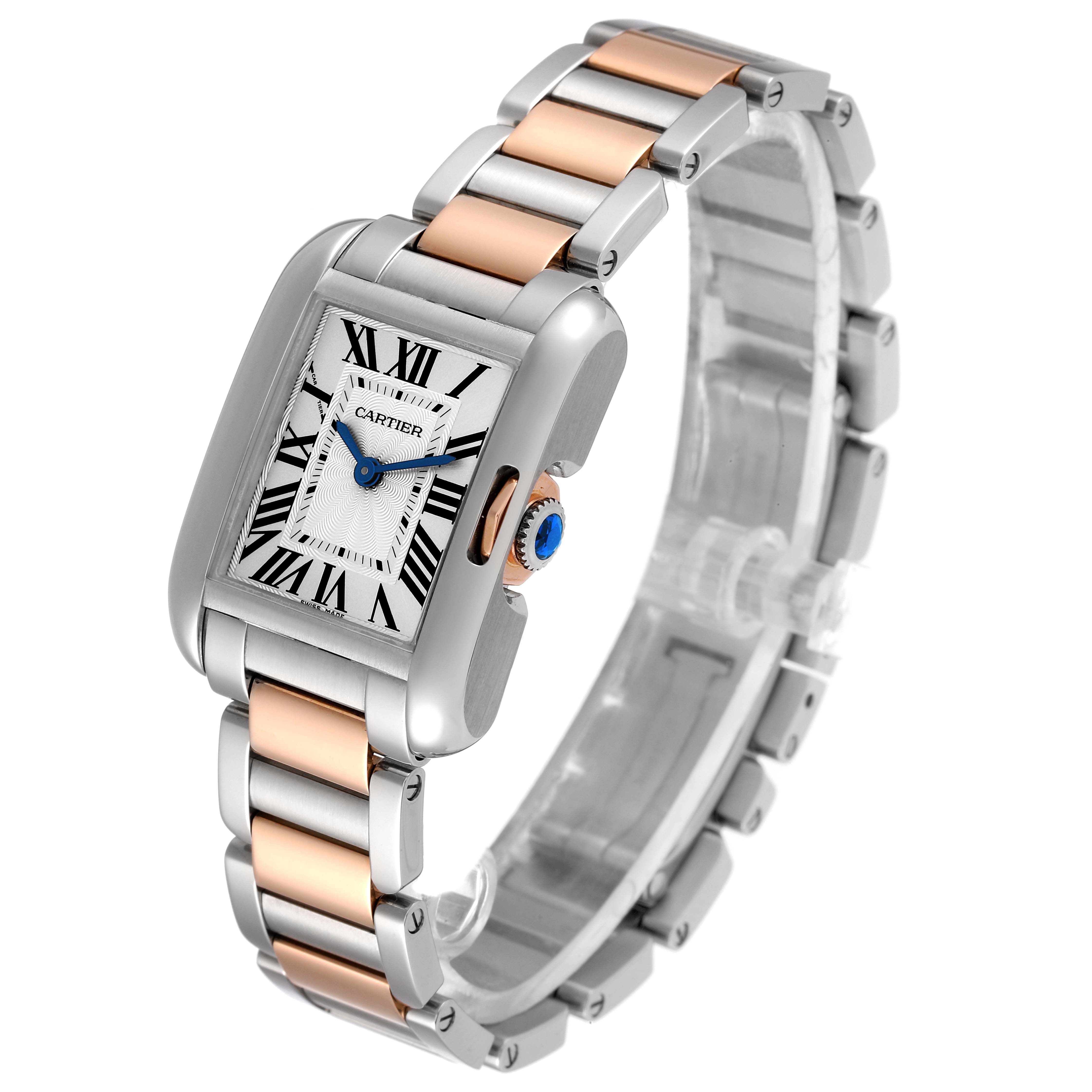 This image shows a Cartier Tank Anglaise W5310036 Women
s Steel and Gold (two tone) Silver Dial W5310036 Women
s Steel and Gold (two tone) Silver Dial watch at a slight angle, highlighting its face, bezel, and mixed-metal bracelet.