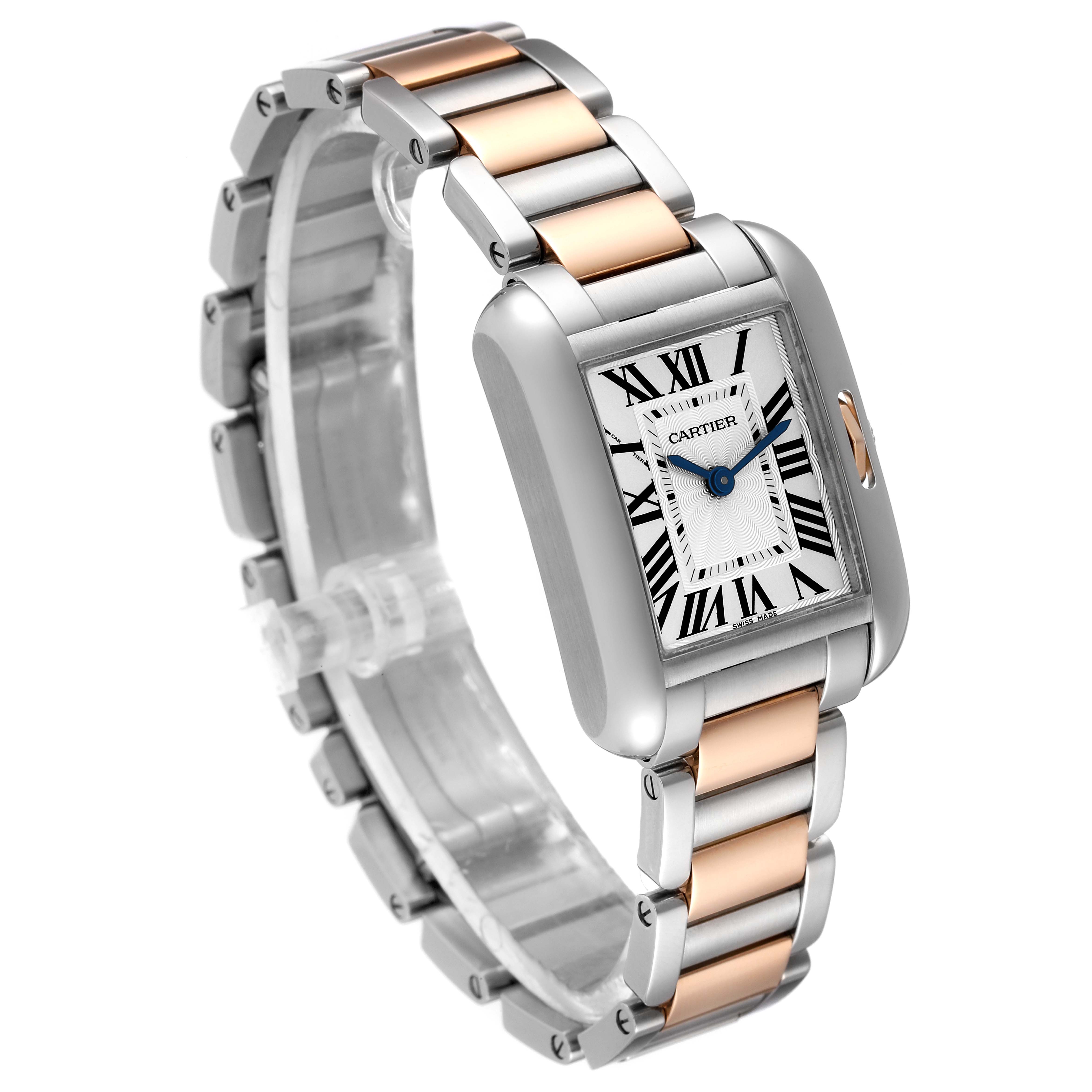 The Tank Anglaise watch by Cartier is shown at a front angle, displaying the face and part of the metal bracelet.