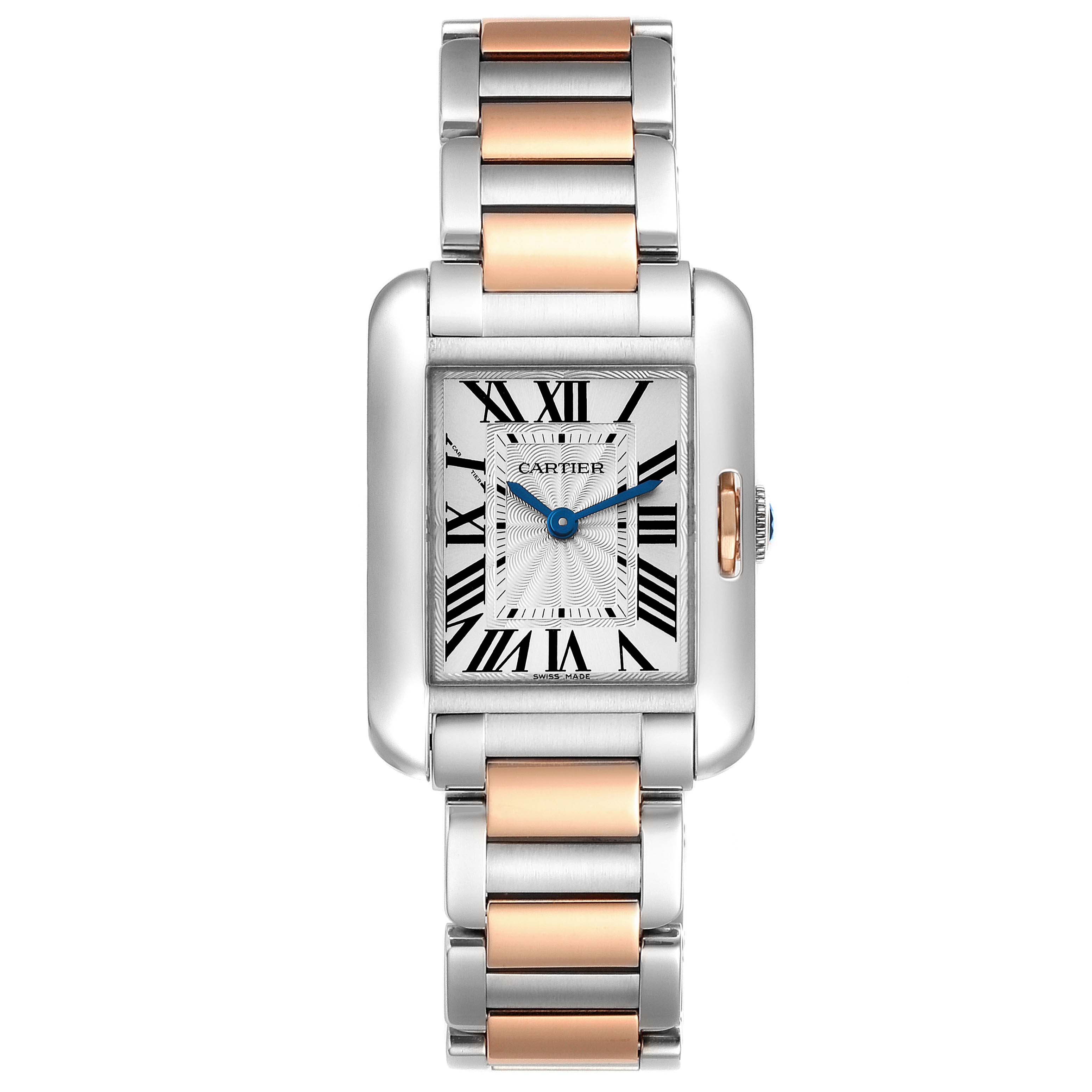 This image shows the Cartier Tank Anglaise W5310036 Women
s Steel and Gold (two tone) Silver Dial W5310036 Women
s Steel and Gold (two tone) Silver Dial watch from a front-facing angle, highlighting the watch face and two-tone metal strap.