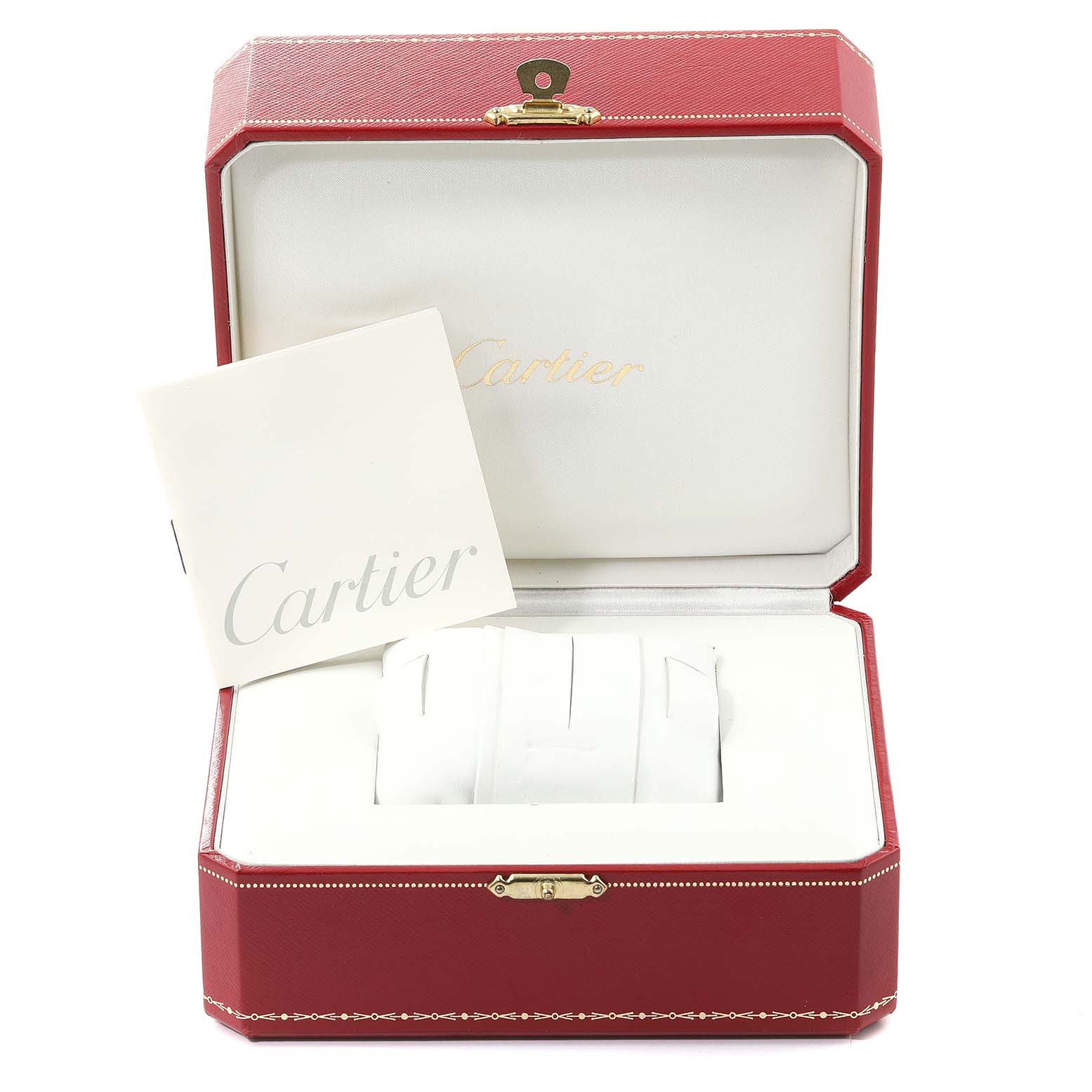 This image shows an open red Cartier box for the Tank Anglaise model, along with Cartier paperwork inside.