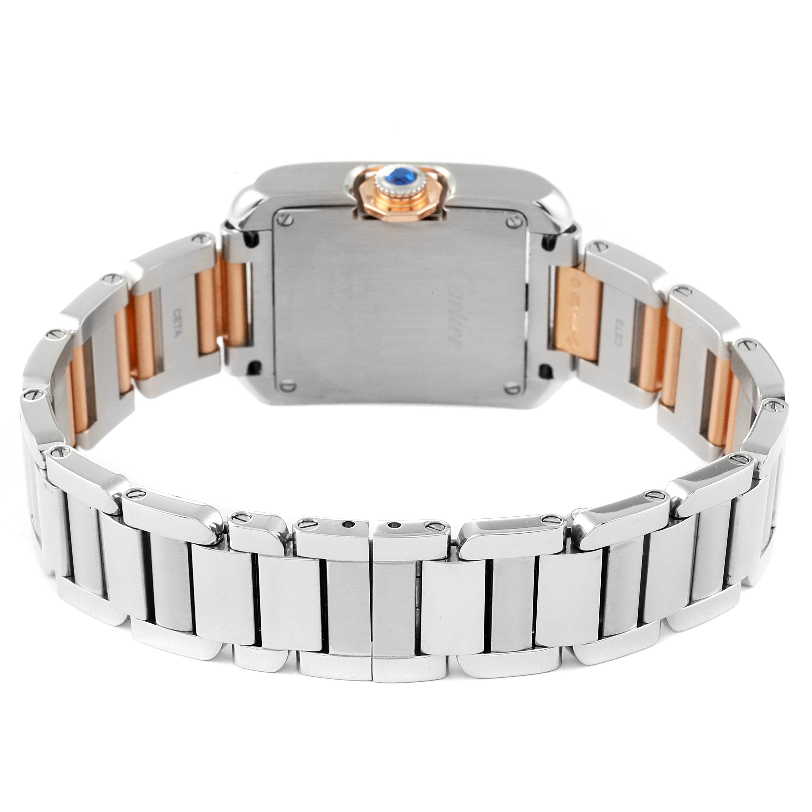 The image shows the back view of a Cartier Tank Anglaise W5310036 Women
s Steel and Gold (two tone) Silver Dial W5310036 Women
s Steel and Gold (two tone) Silver Dial watch, highlighting its stainless steel and gold bracelet.