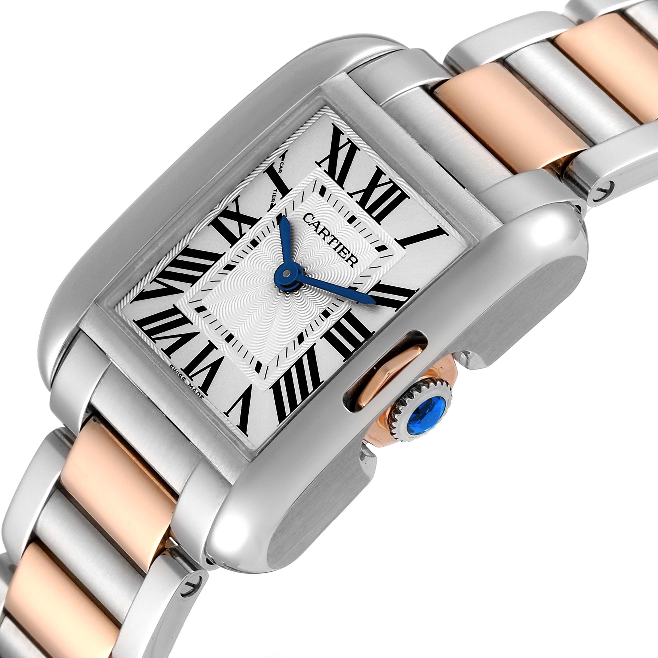The Cartier Tank Anglaise W5310036 Women
s Steel and Gold (two tone) Silver Dial W5310036 Women
s Steel and Gold (two tone) Silver Dial watch is shown at an angled close-up, highlighting the face, bezel, and part of the bracelet.