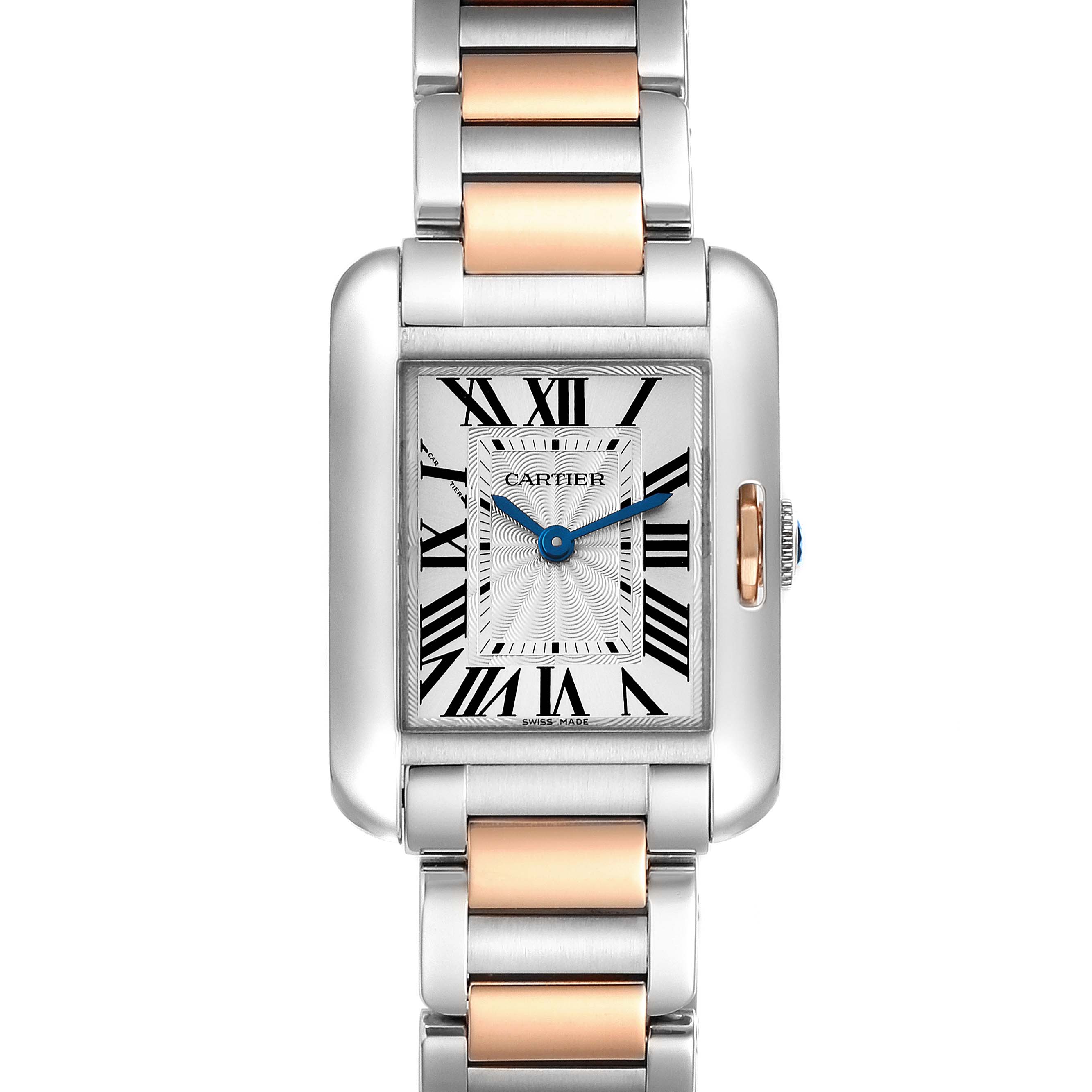 The image shows a front view of the Cartier Tank Anglaise W5310036 Women
s Steel and Gold (two tone) Silver Dial W5310036 Women
s Steel and Gold (two tone) Silver Dial watch featuring a rectangular case and a two-tone metal bracelet.