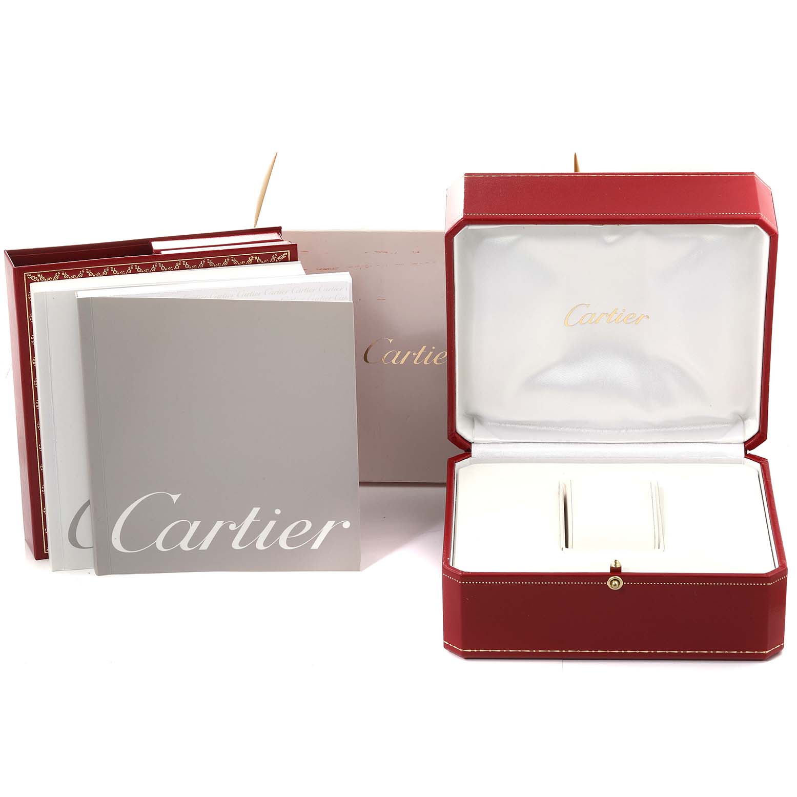 The image shows accessories for the Cartier Tank Francaise W51002Q3 Men's Stainless Steel Silver Dial W51002Q3 Men's Stainless Steel Silver Dial model, including the watch box and booklets, viewed from the front.