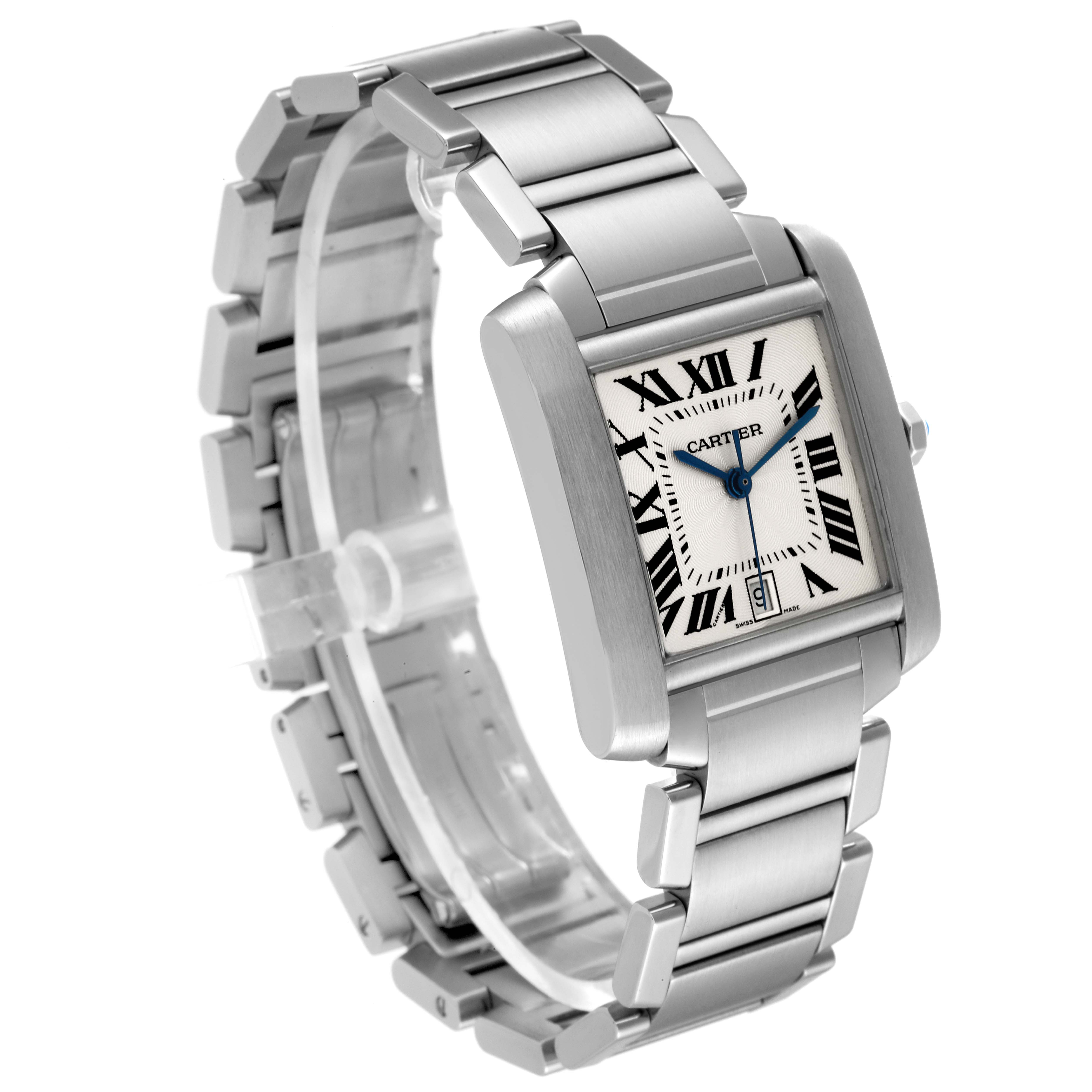 The Cartier Tank Française watch is shown at a three-quarter angle, displaying the face, bezel, and part of the bracelet.