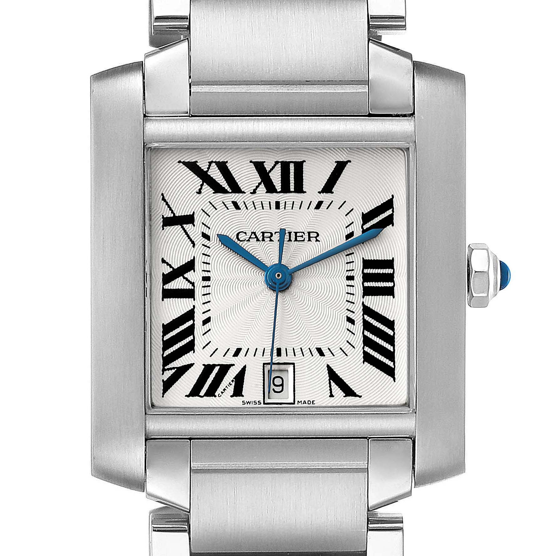 This image shows a front view of the Cartier Tank Francaise W51002Q3 Men's Stainless Steel Silver Dial W51002Q3 Men's Stainless Steel Silver Dial watch, highlighting its face, bracelet, and distinctive Roman numerals.