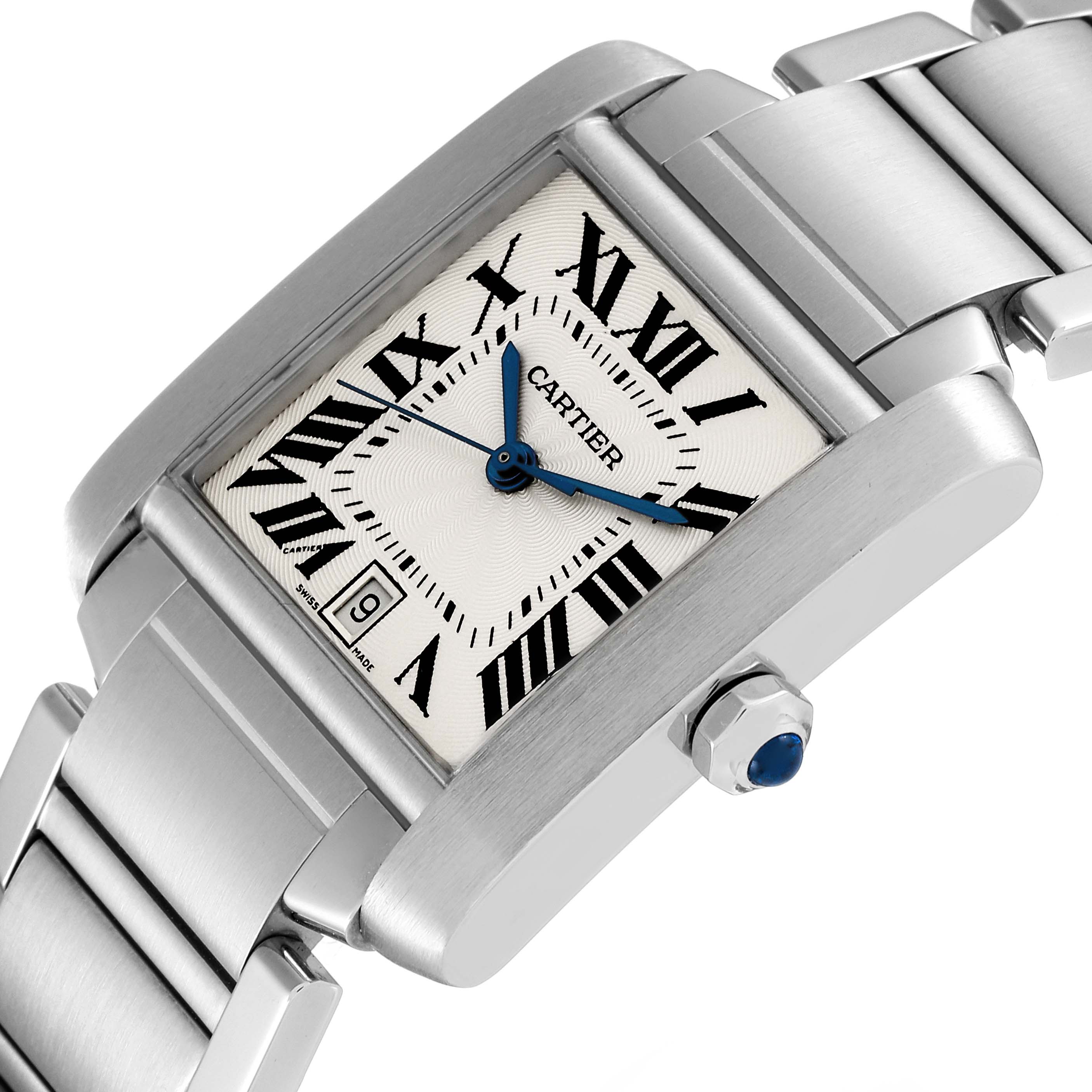 The image shows a close-up angle of the Cartier Tank Francaise W51002Q3 Men's Stainless Steel Silver Dial W51002Q3 Men's Stainless Steel Silver Dial watch, highlighting its face, bracelet, crown, and date display.