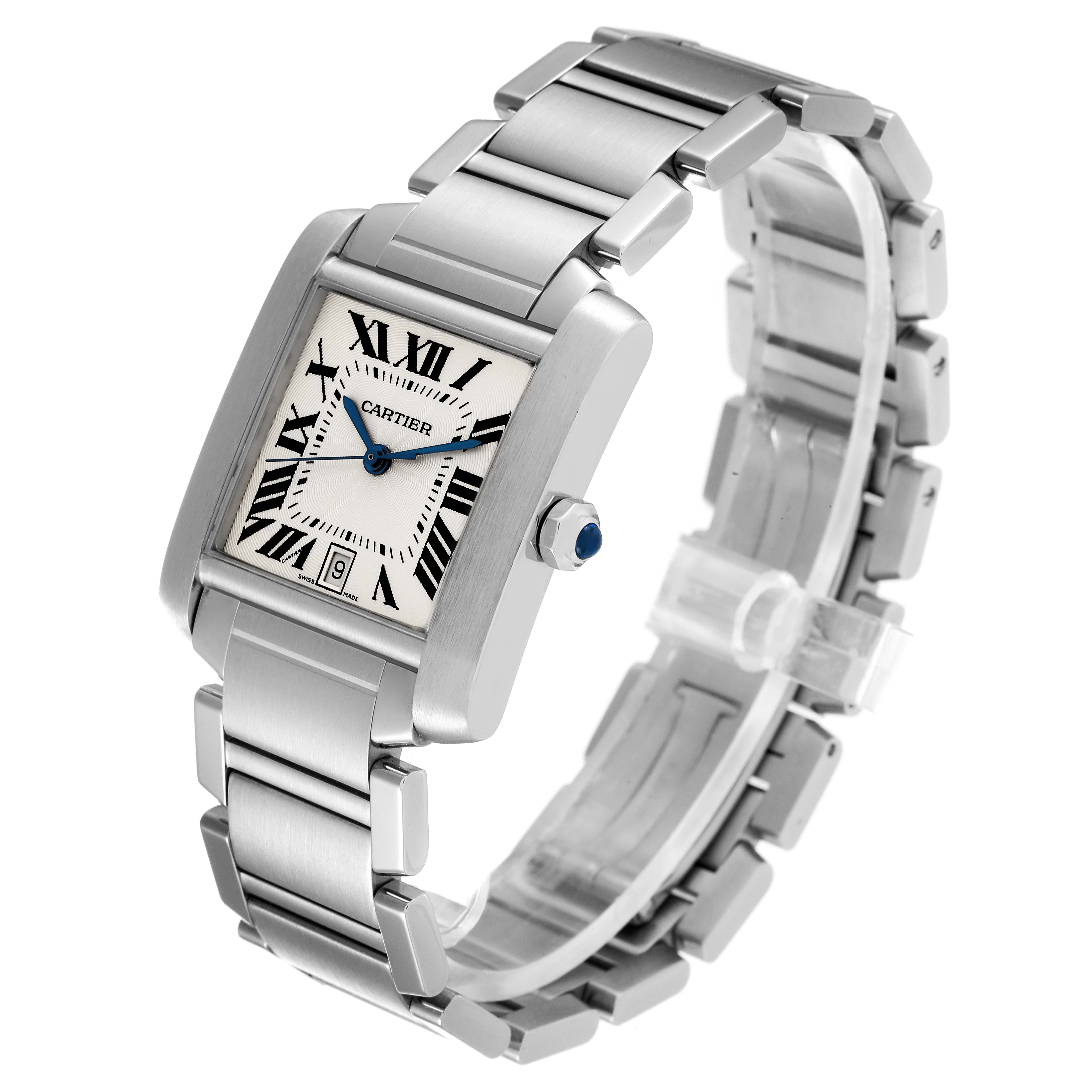 The Cartier Tank Francaise W51002Q3 Men's Stainless Steel Silver Dial W51002Q3 Men's Stainless Steel Silver Dial watch is shown in a slight top-side angle, displaying the face, bracelet, and crown.
