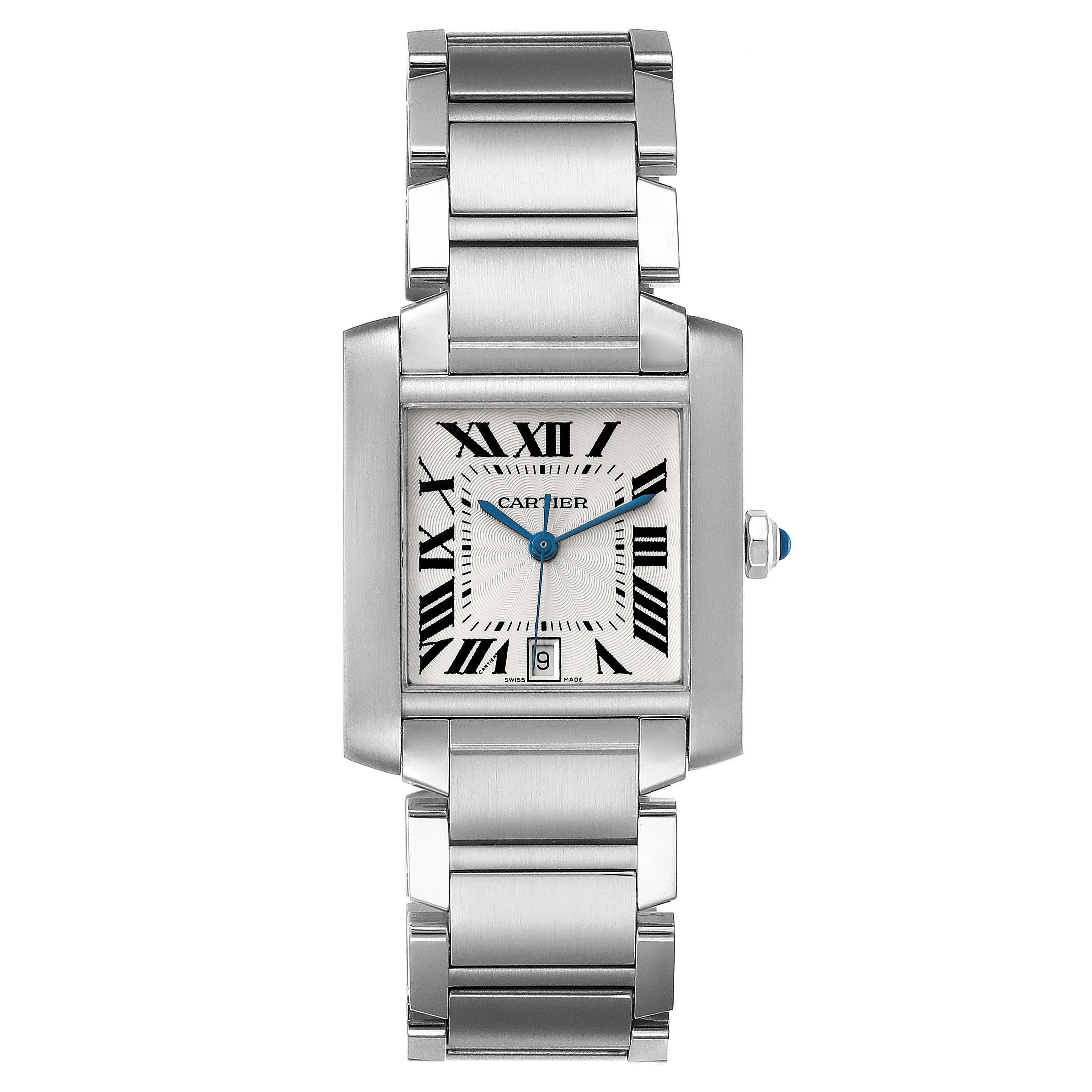 This image shows a front view of a Cartier Tank Francaise W51002Q3 Men's Stainless Steel Silver Dial W51002Q3 Men's Stainless Steel Silver Dial watch, displaying its rectangular face, Roman numerals, and metal bracelet.