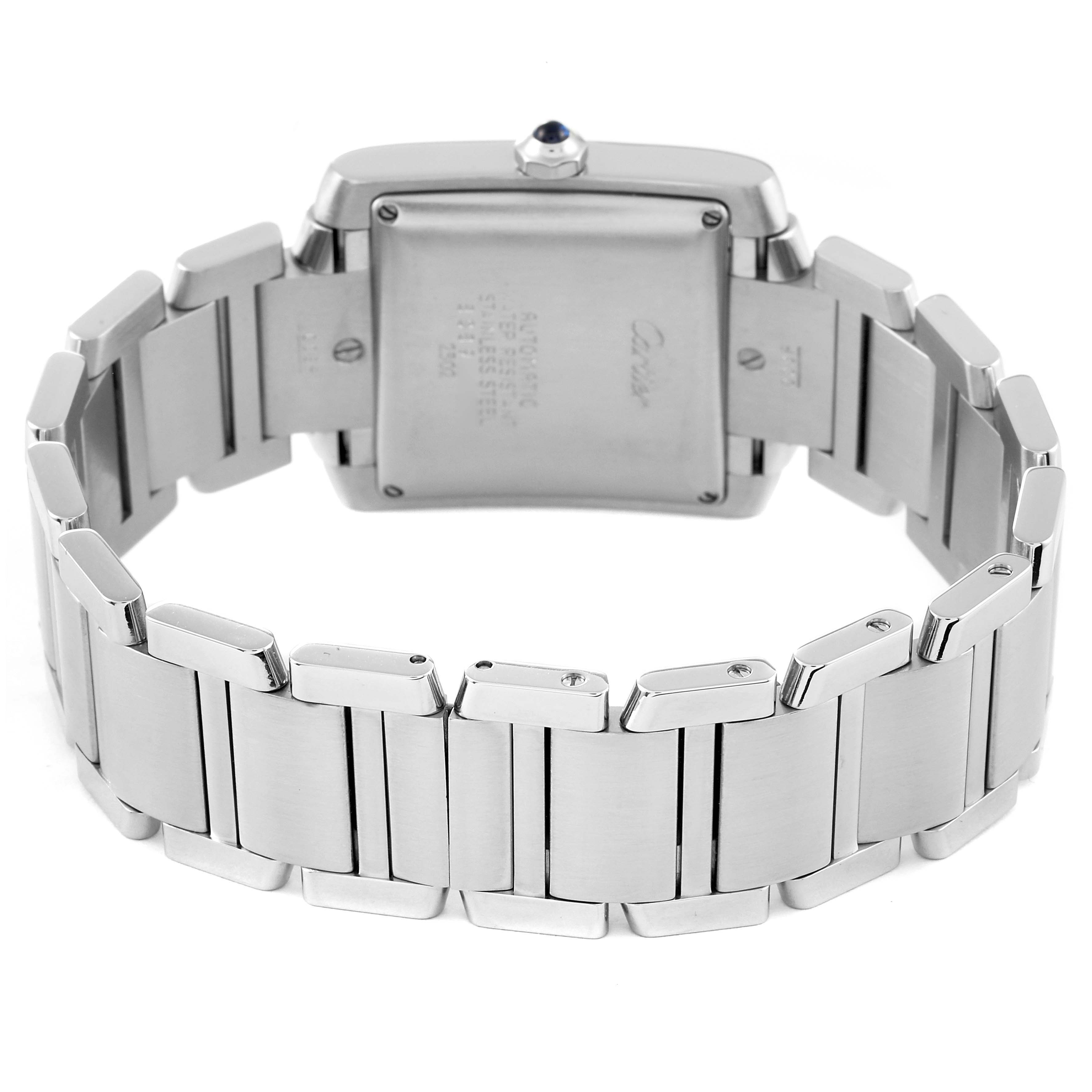 The image shows the back view of the Cartier Tank Française watch with its stainless steel bracelet.