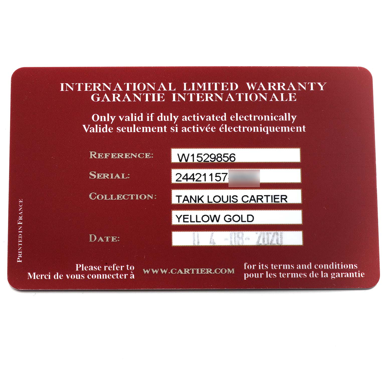 The image shows the warranty card for the Tank Louis watch model by Cartier.