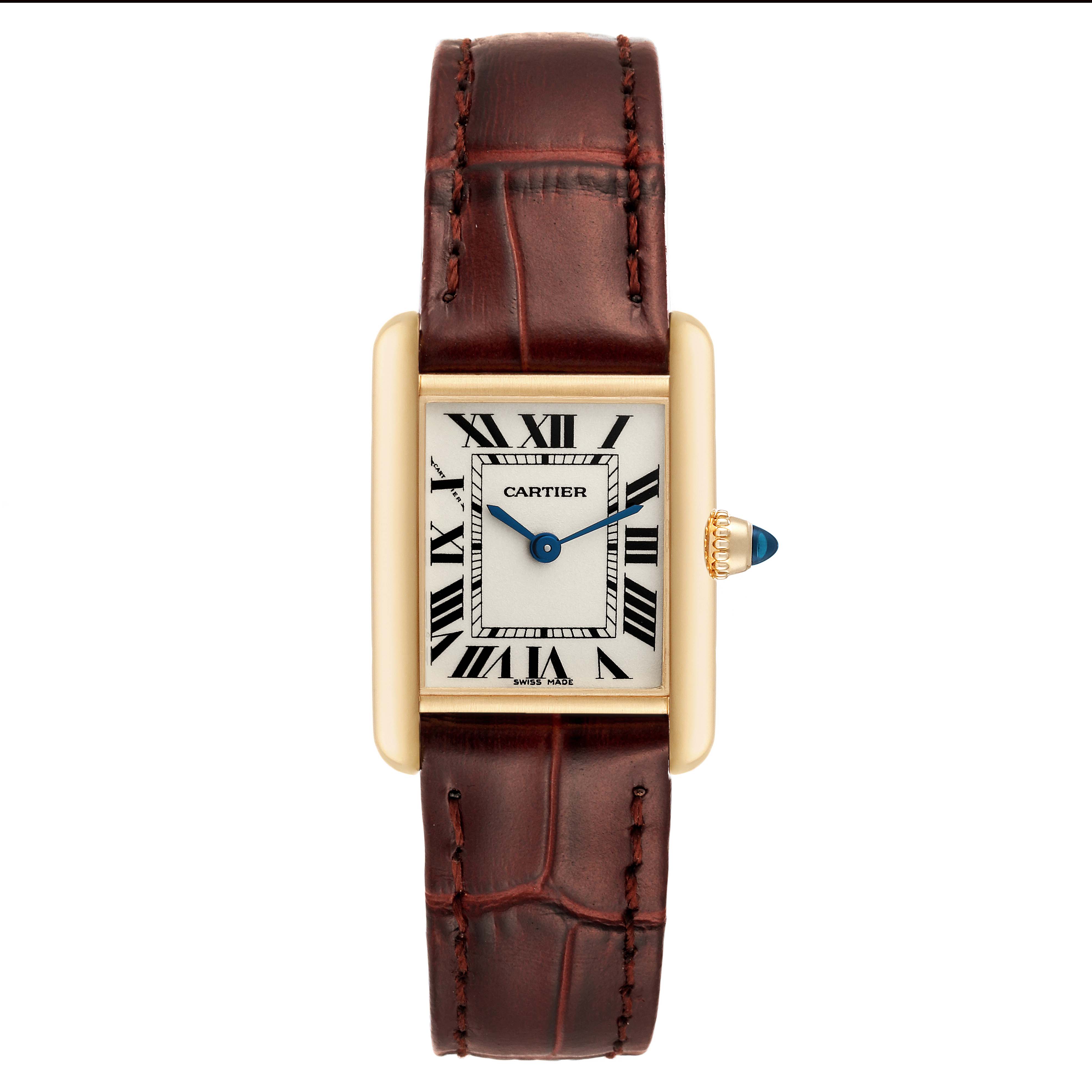This image shows the front view of a Cartier Tank Louis W1529856 Women
s Yellow Gold Silver Dial W1529856 Women
s Yellow Gold Silver Dial watch, highlighting the dial, hands, case, and leather strap.